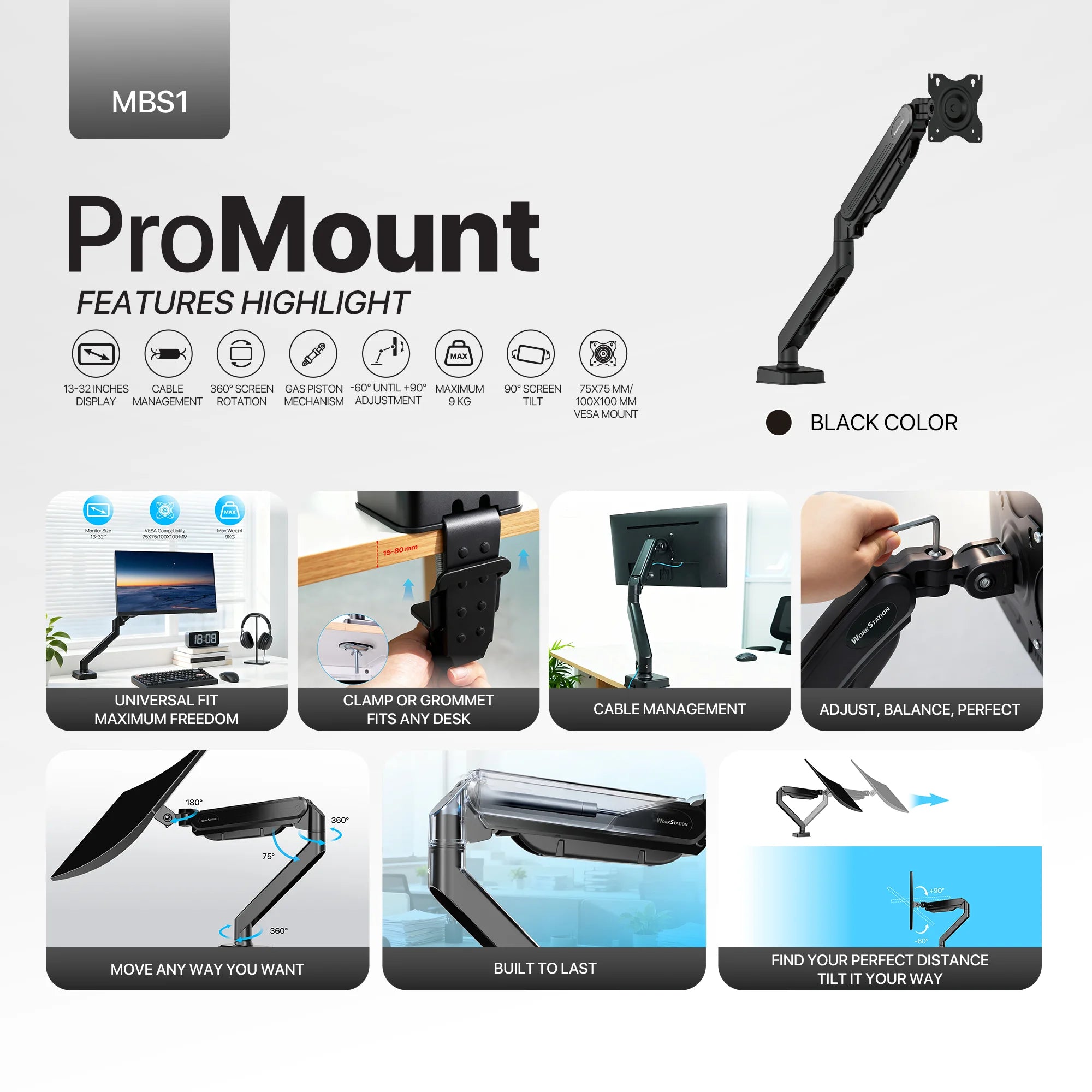 Fantech workstation mbs1 single-arm monitor mount 90 degree for 13’’ to 32’’ screen adjustable spring dual monitor arm