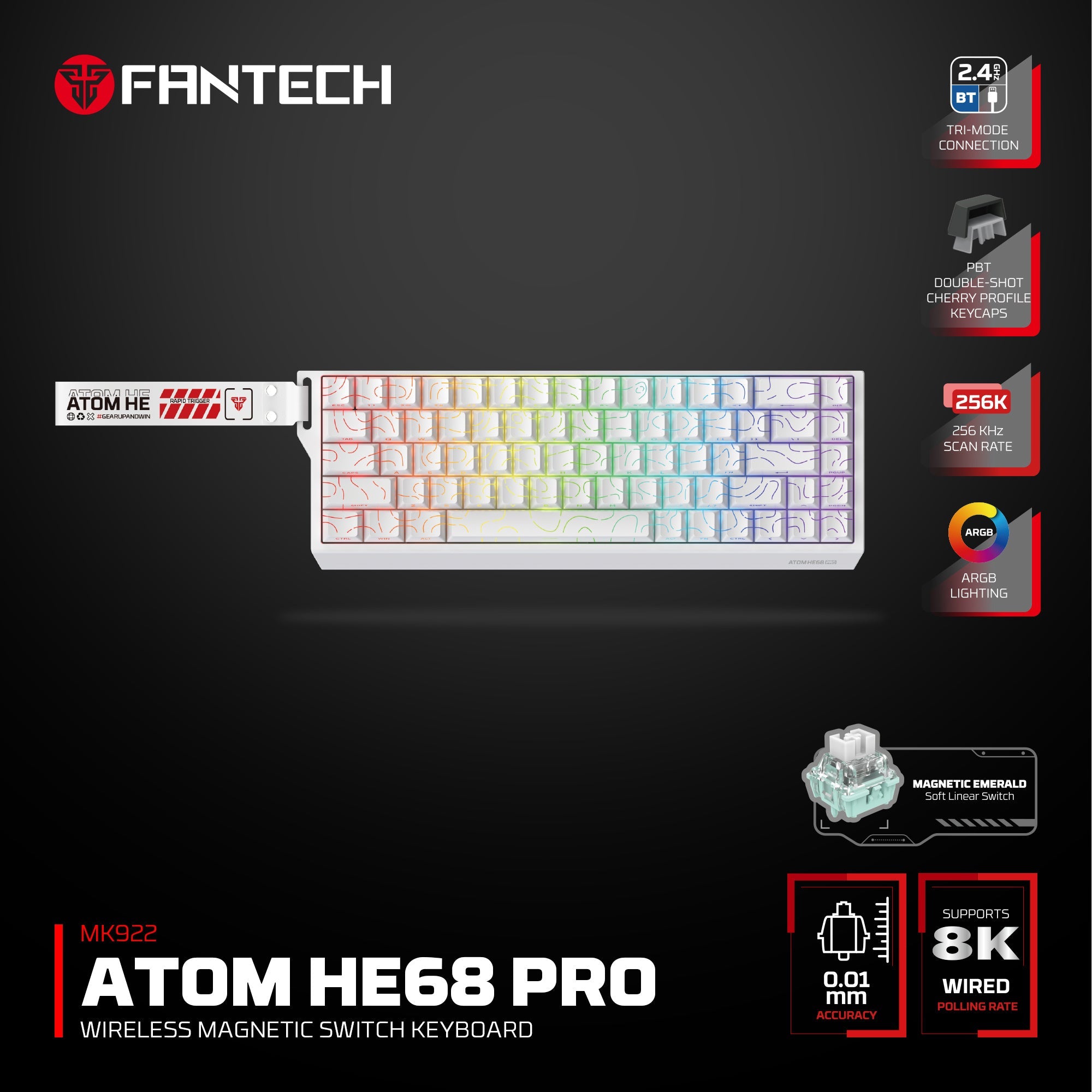 Fantech Keyboard ATOM HE68 MK922 MAGNETIC SWITCH – WHITE
