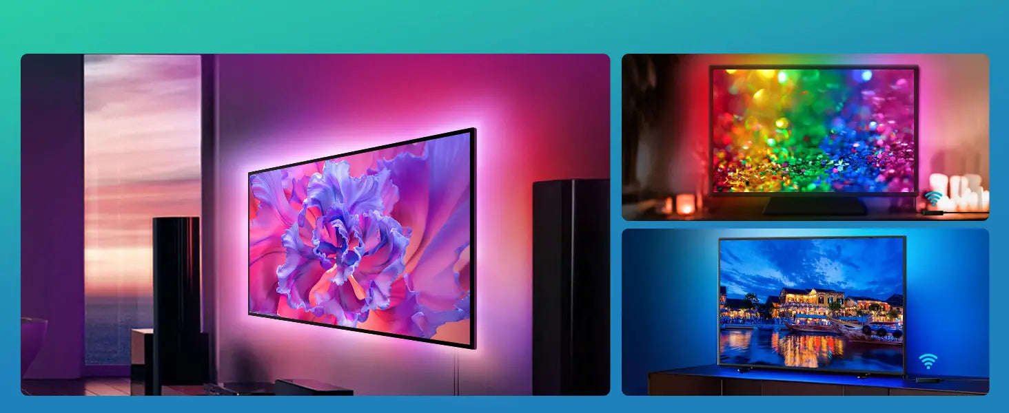 Three TV displays showing vibrant images with colorful ambient lighting. Left: sunset scene, center: abstract floral pattern, right: rainbow bokeh effect above cityscape.
