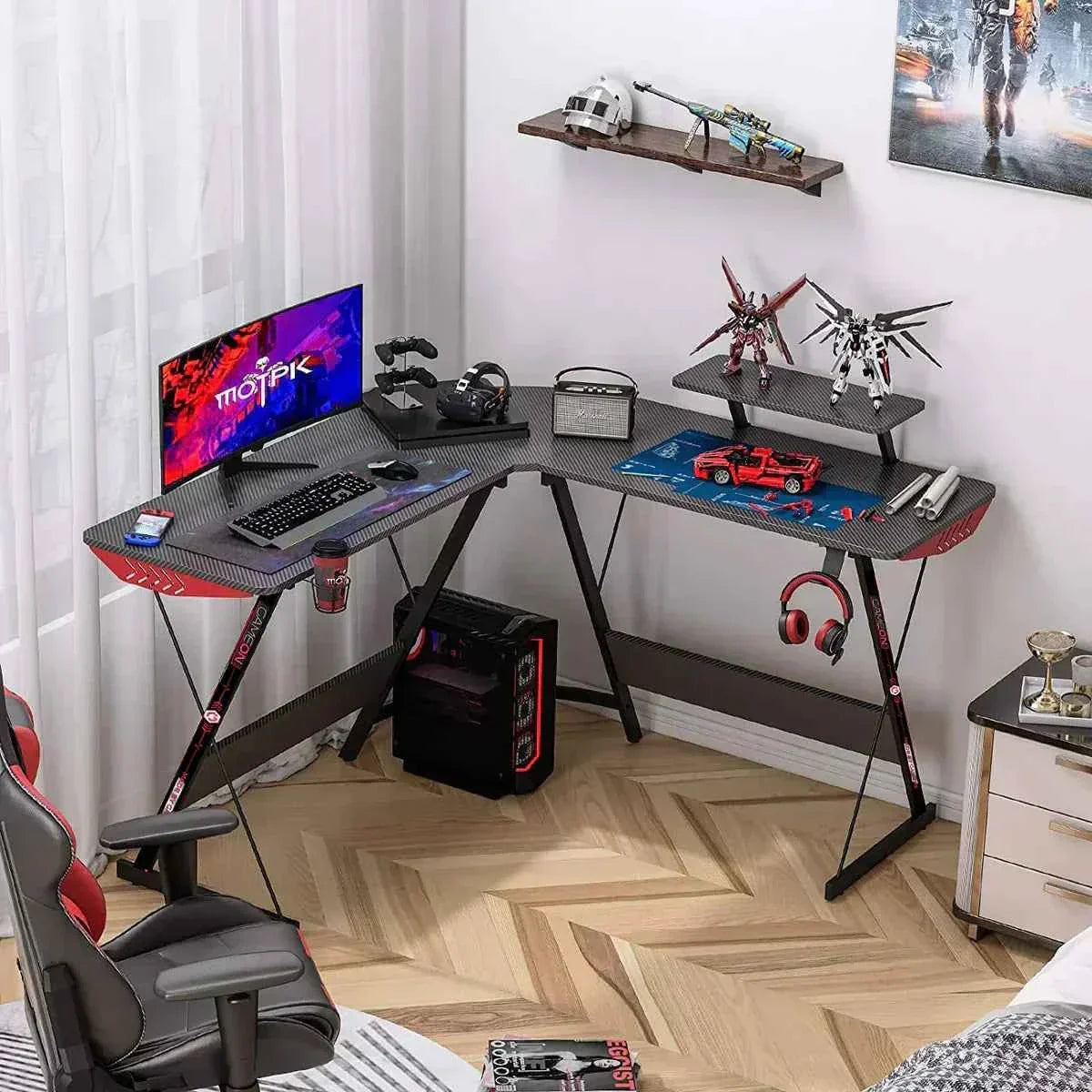 Gameon l-shaped slayer i series gaming desk (size: 129*129*74cm & table top - desk & chair