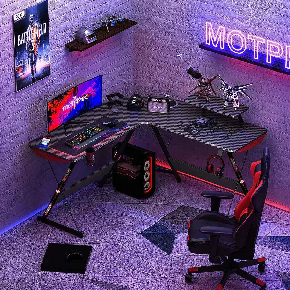 Gameon l-shaped slayer i series gaming desk (size: 129*129*74cm & table top - desk & chair