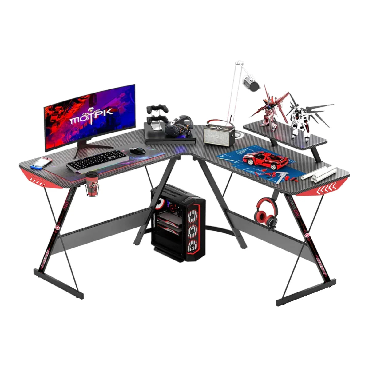 Gameon l-shaped slayer i series gaming desk (size: 129*129*74cm & table top - desk & chair