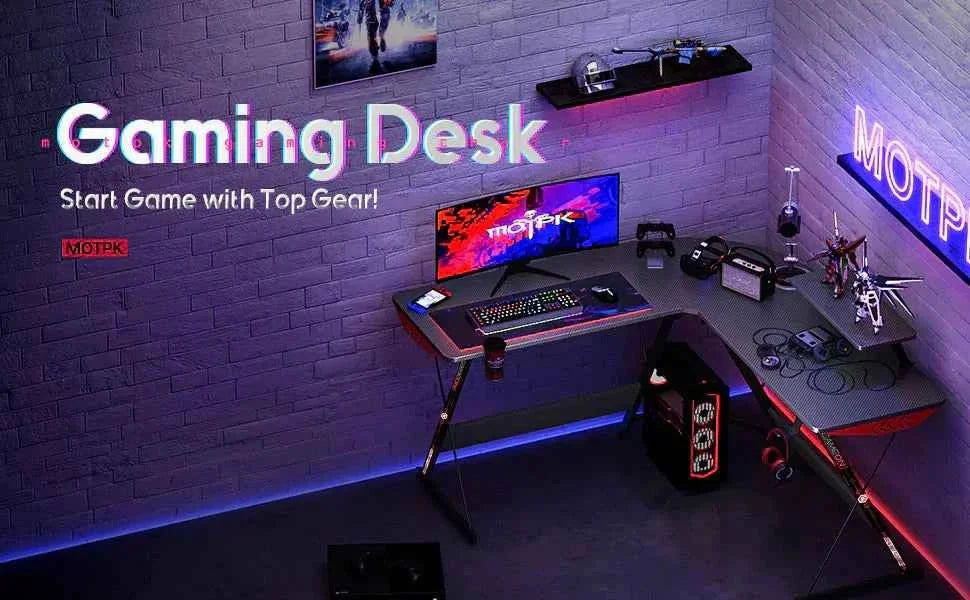 Gameon l-shaped slayer i series gaming desk (size: 129*129*74cm & table top - desk & chair