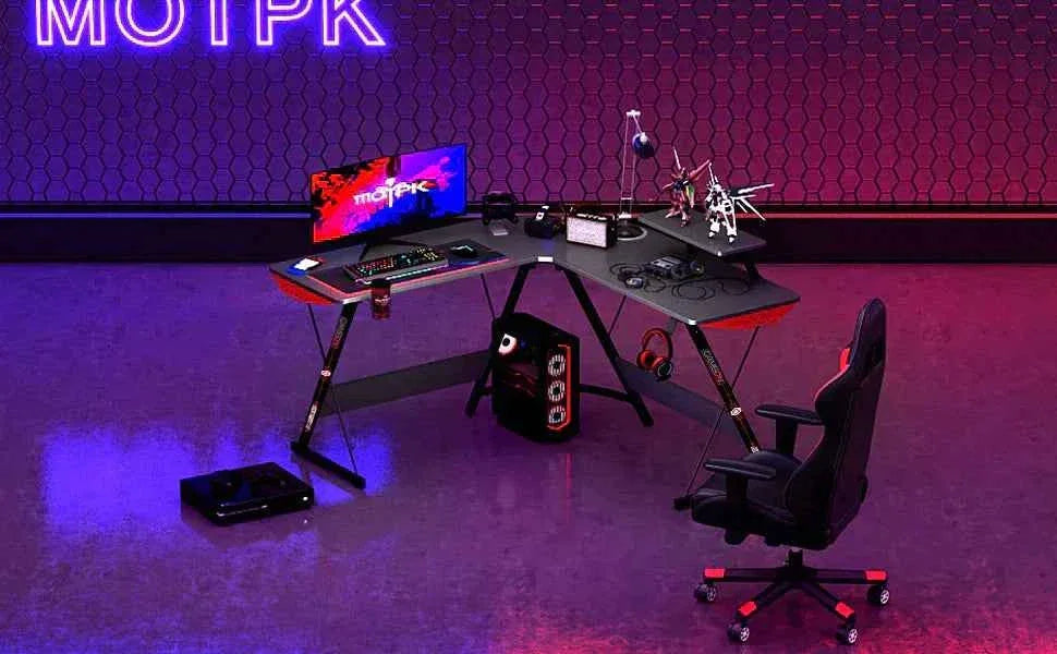 Gameon l-shaped slayer i series gaming desk (size: 129*129*74cm & table top - desk & chair