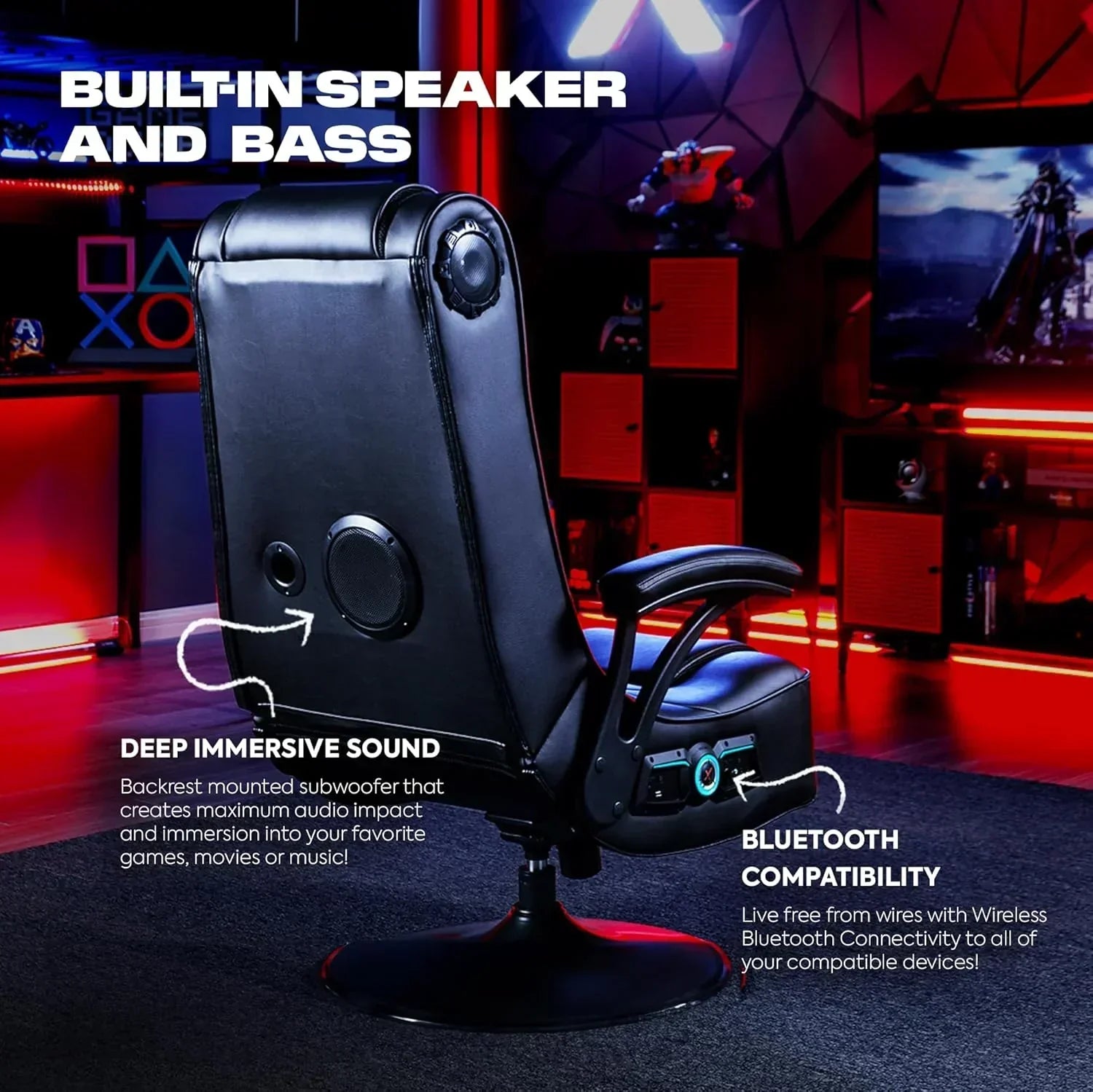 X rocker pro 4.1 pedestal gaming chair with 4.1 wireless audio system and subwoofer (faux leather black) - gaming chairs
