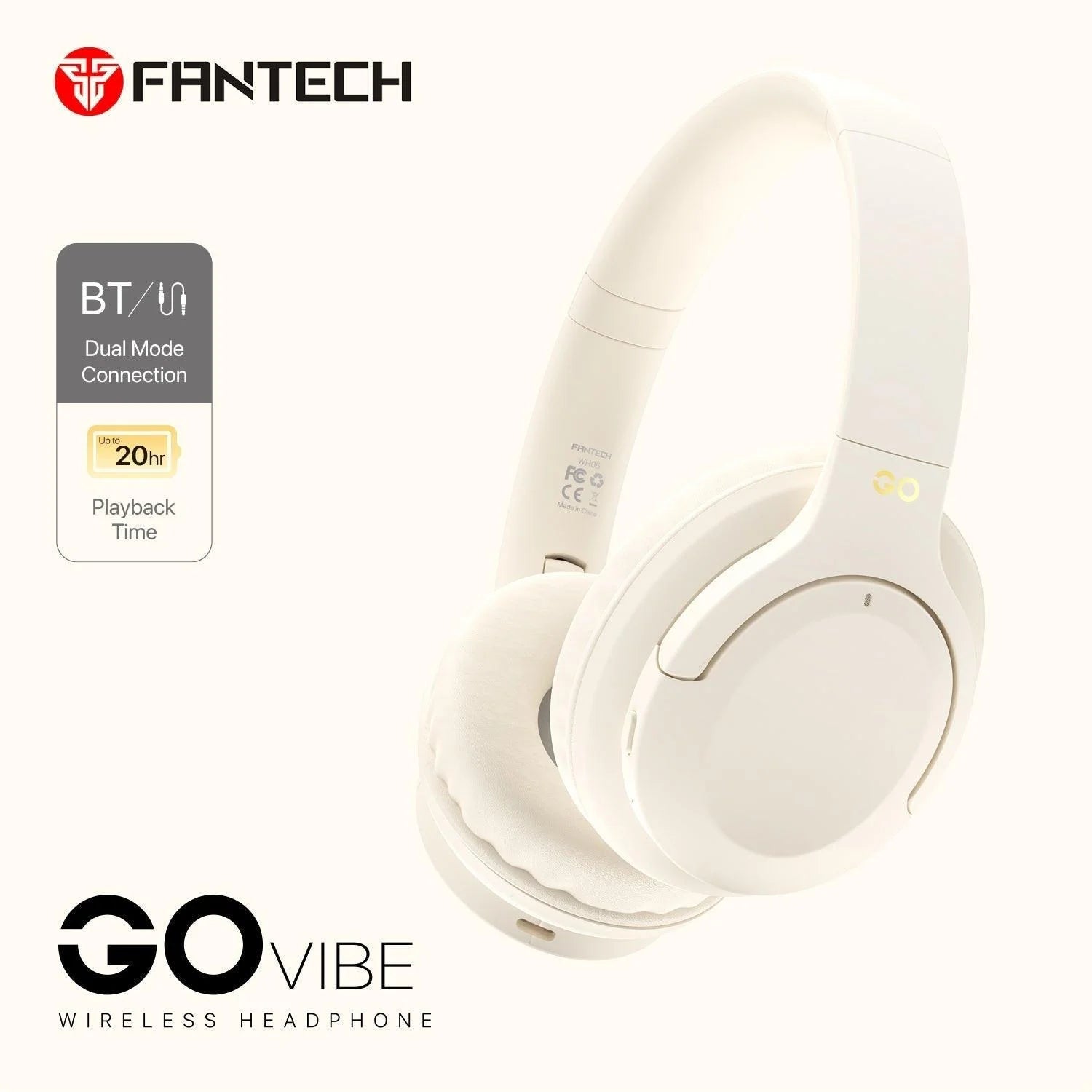 Fantech go vibe wh05 headphone - wireless comfort and quality sound - beige - audio | wireless headset