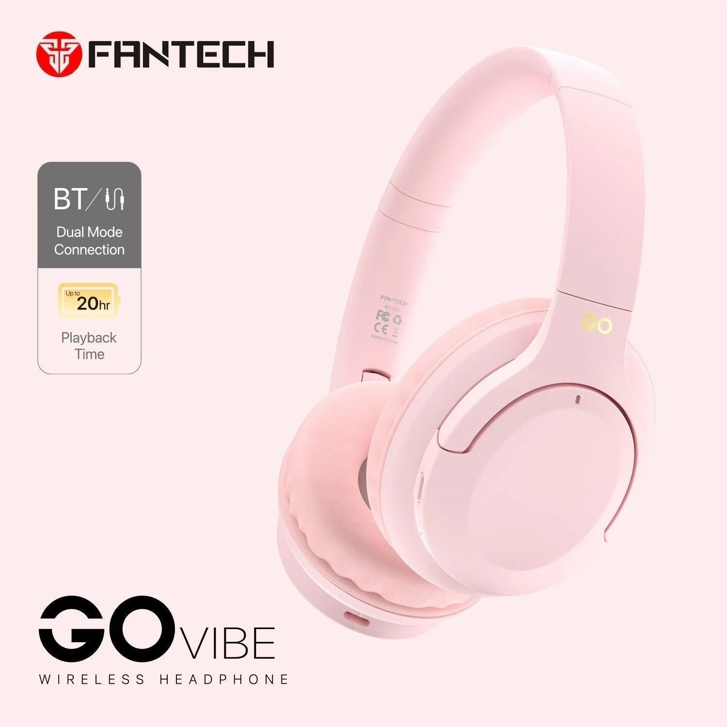 Fantech go vibe wh05 headphone - wireless comfort and quality sound - pink - audio | wireless headset
