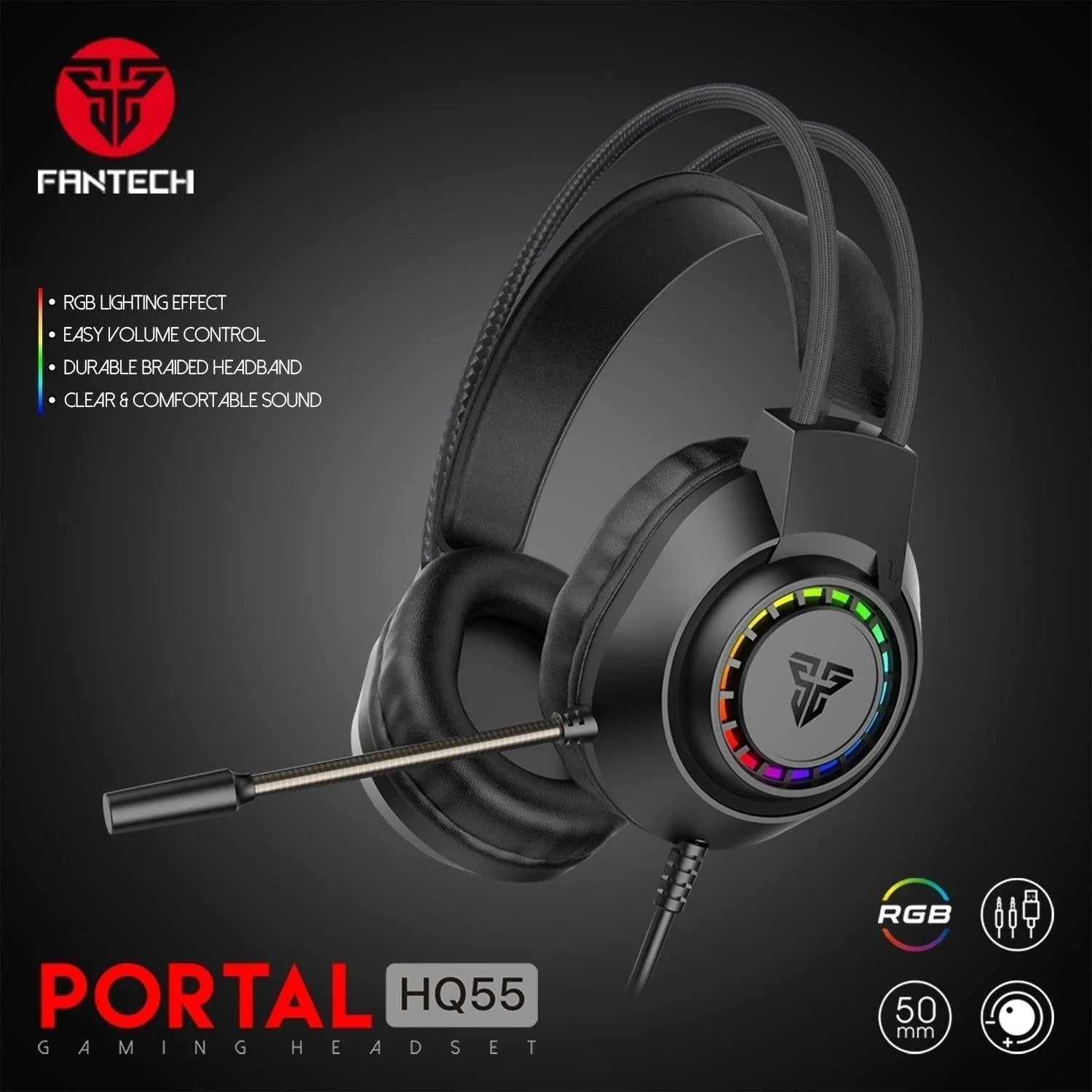 Fantech portal hq55 gaming headset with rgb and 3.5mm jack for ultimate gaming experience - audio | headset 3.5