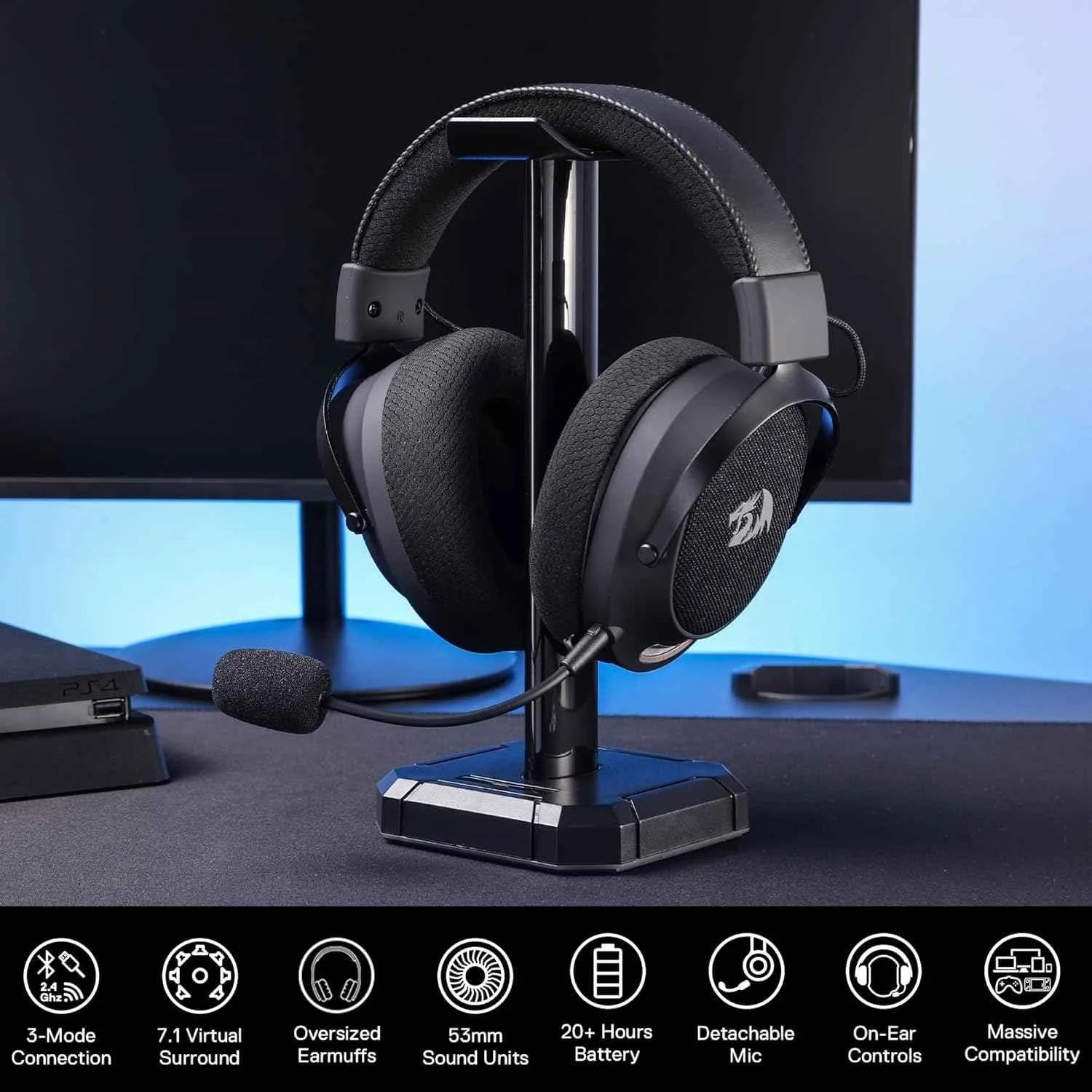 Redragon h858 wireless gaming headset with 7.1 surround sound - 3-mode wireless connectivity - audio | wireless headset