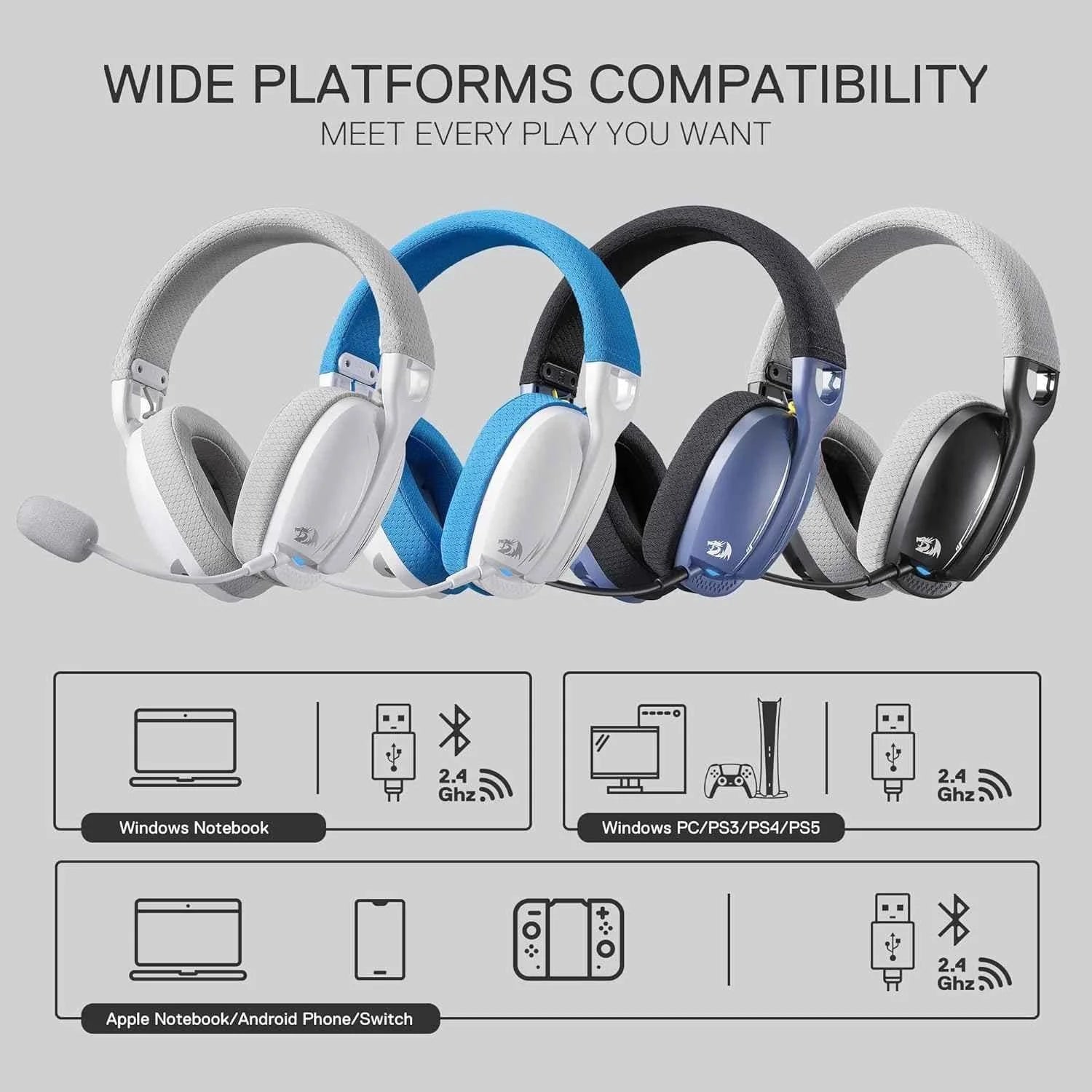 Redragon h878 gaming headset - lightweight 3-mode wireless with blue lighting and 7.1 surround sound - audio | wireless