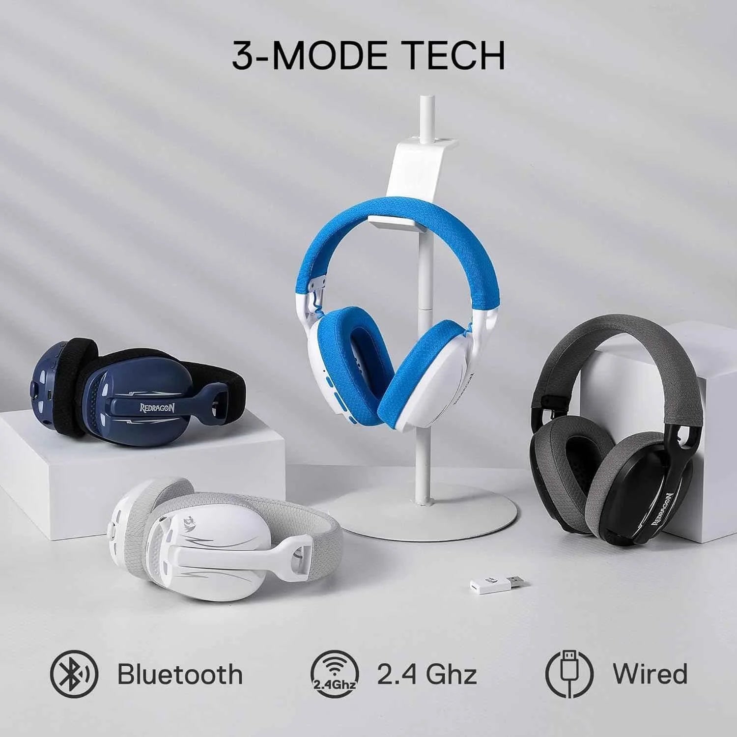 Redragon h878 gaming headset - lightweight 3-mode wireless with blue lighting and 7.1 surround sound - audio | wireless