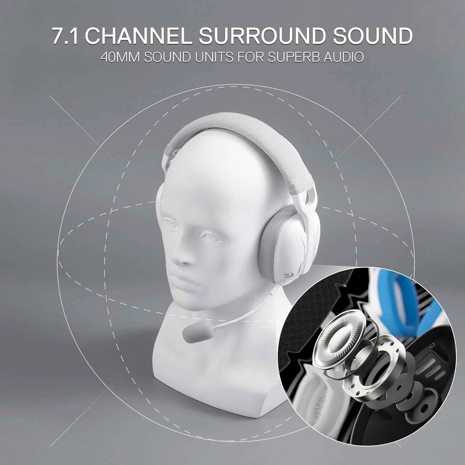 Redragon h878 wireless gaming headset - lightweight 3-mode design with blue lighting and 7.1 surround sound - audio