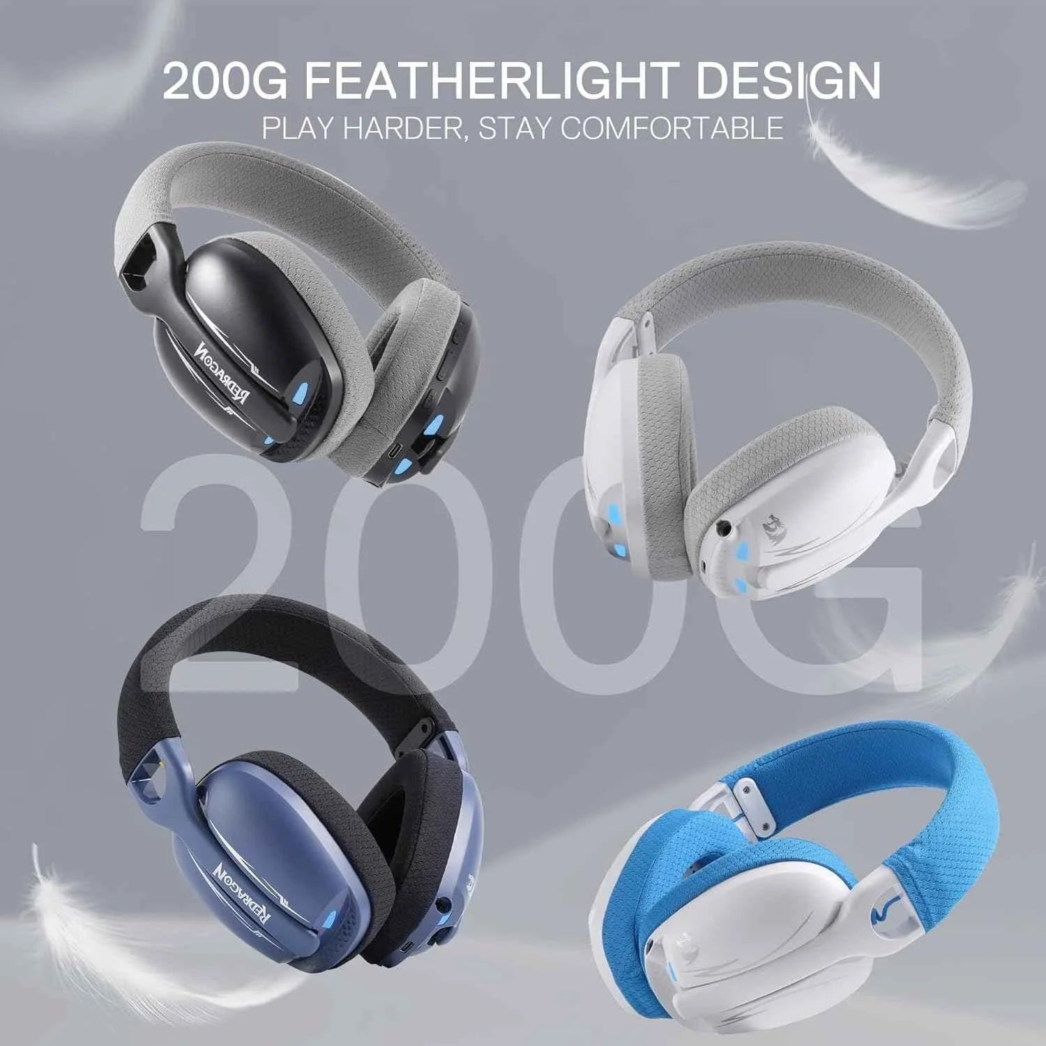Redragon h878 wireless gaming headset - lightweight 3-mode design with blue lighting and 7.1 surround sound - audio