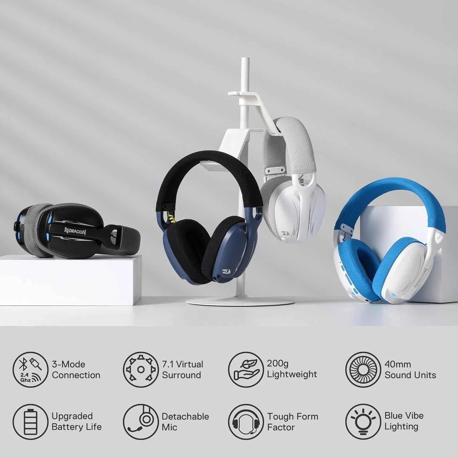 Redragon h878 wireless gaming headset - lightweight 3-mode design with blue lighting and 7.1 surround sound - audio