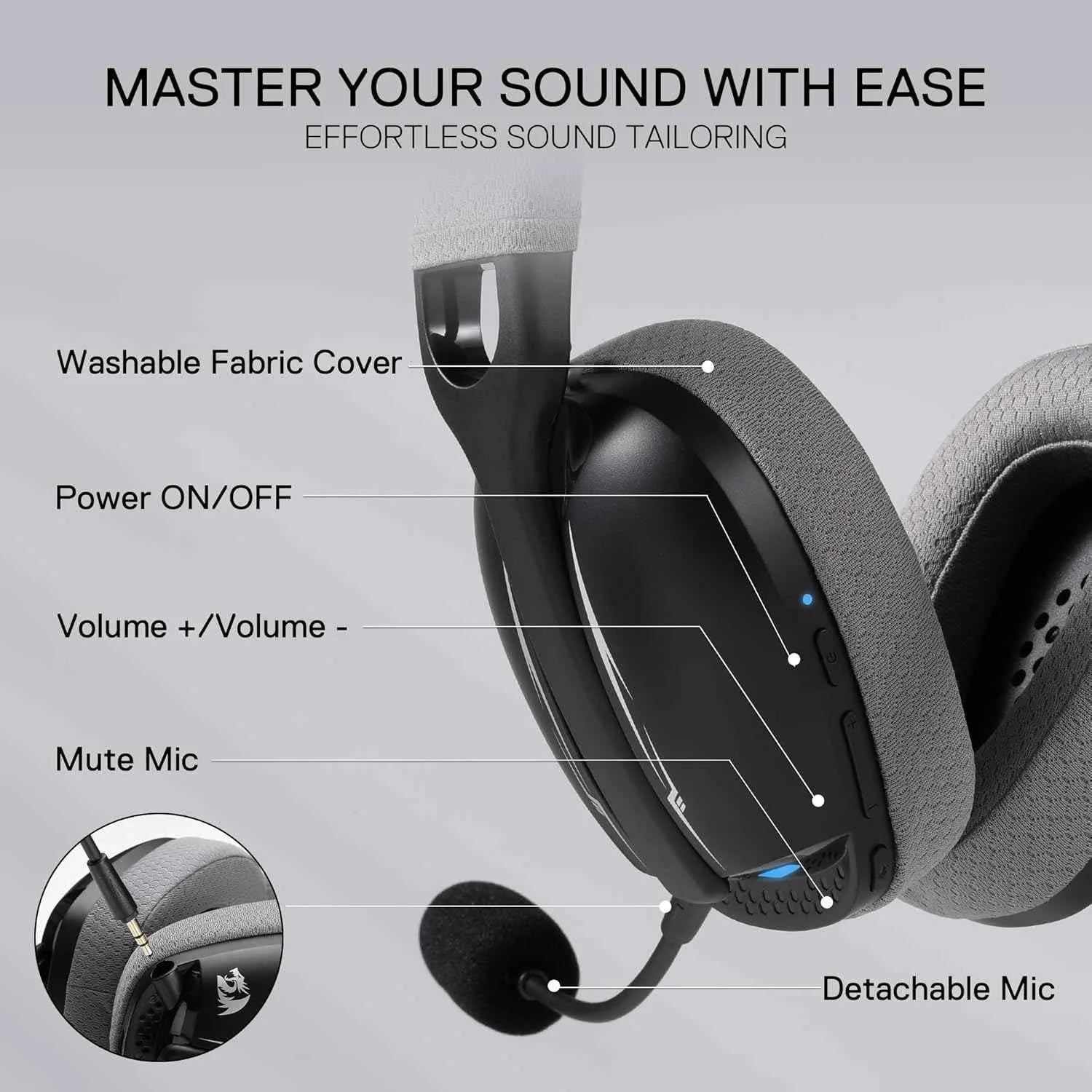 Redragon h878 gaming headset - lightweight wireless 3-mode with blue lighting & 7.1 surround sound - audio | wireless