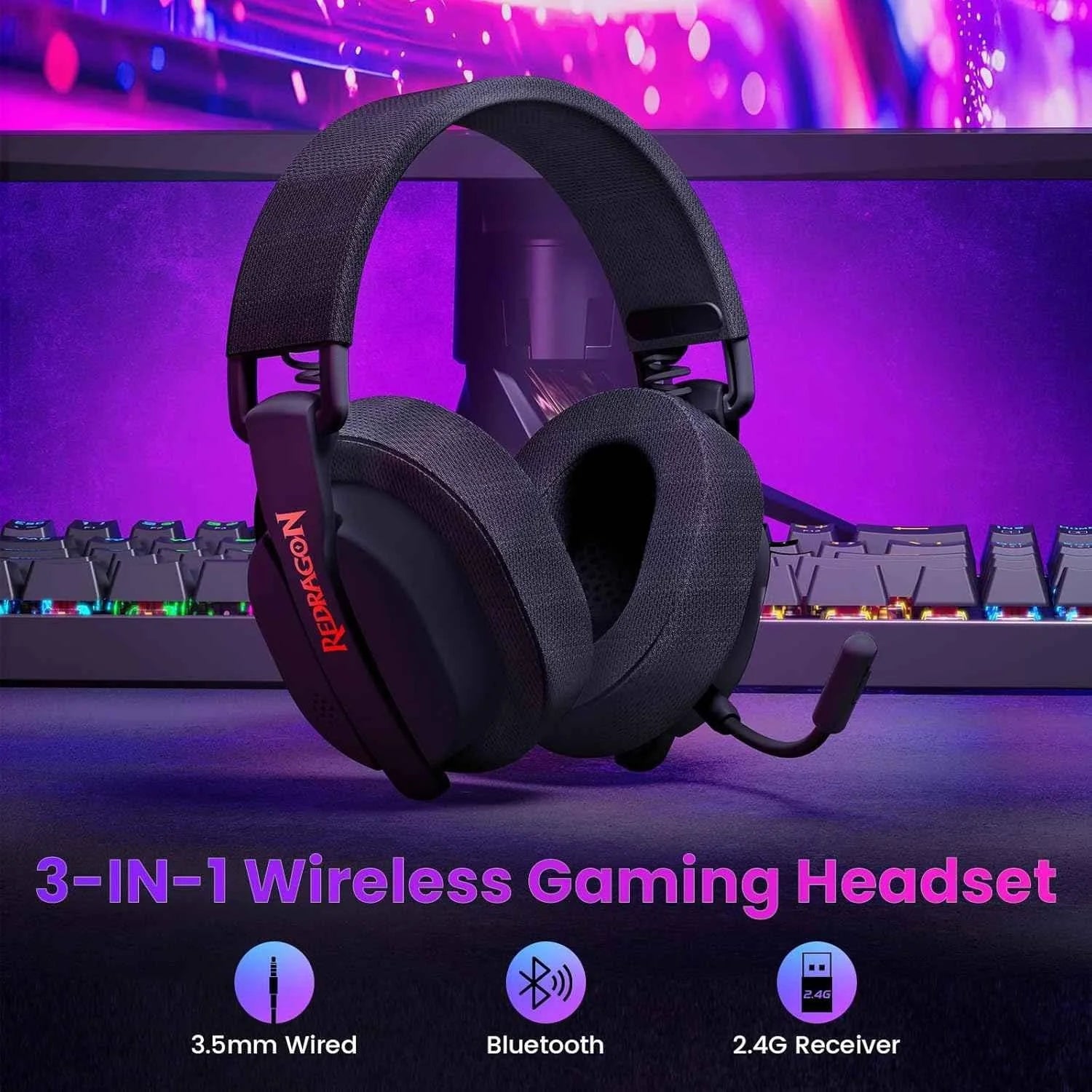 Redragon h888 wireless gaming headset with 7.1 surround sound tri-mode gaming - audio | wireless headset