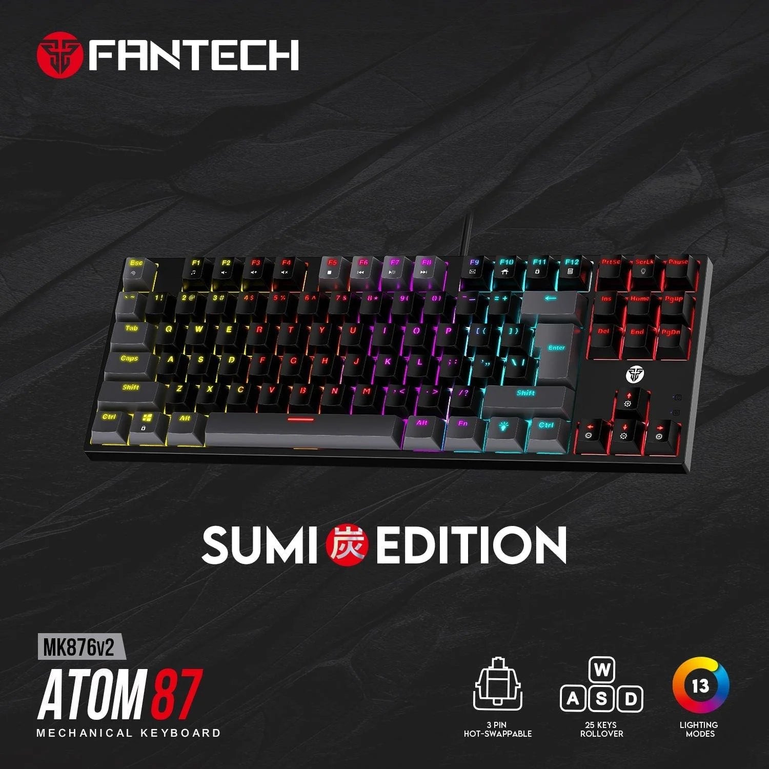Fantech atom mk876v2 keyboard - tkl double injection keycaps mechanical gaming keyboard