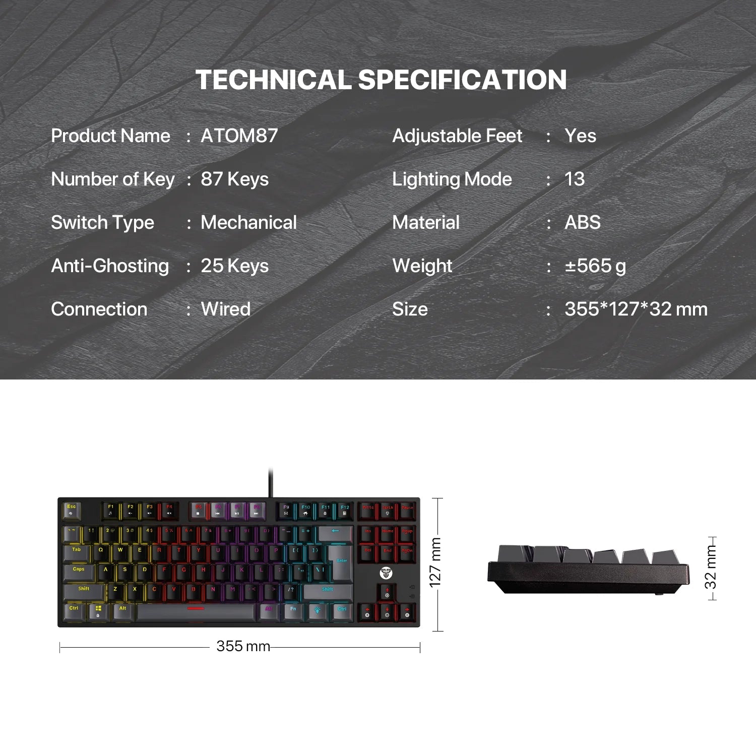 Fantech atom mk876v2 keyboard - tkl double injection keycaps mechanical gaming keyboard