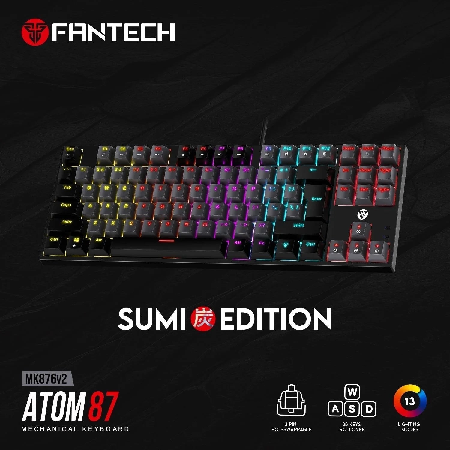 Fantech atom mk876v2 keyboard - tkl double injection keycaps mechanical gaming keyboard
