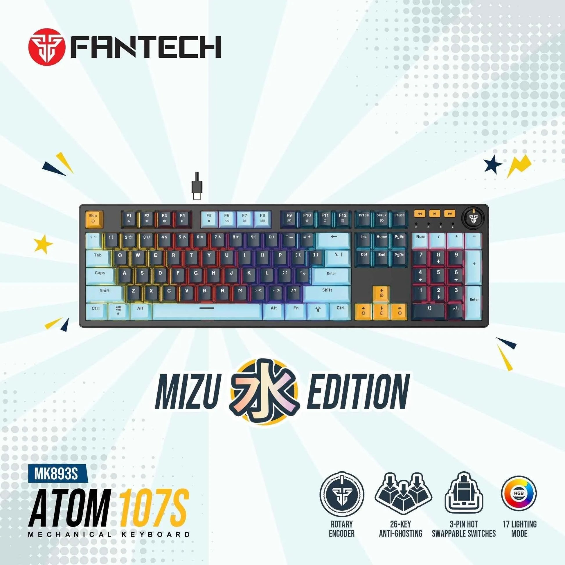 Fantech atom107s mechanical gaming keyboard mizu edition navy blue - precision and style for ultimate gaming experience
