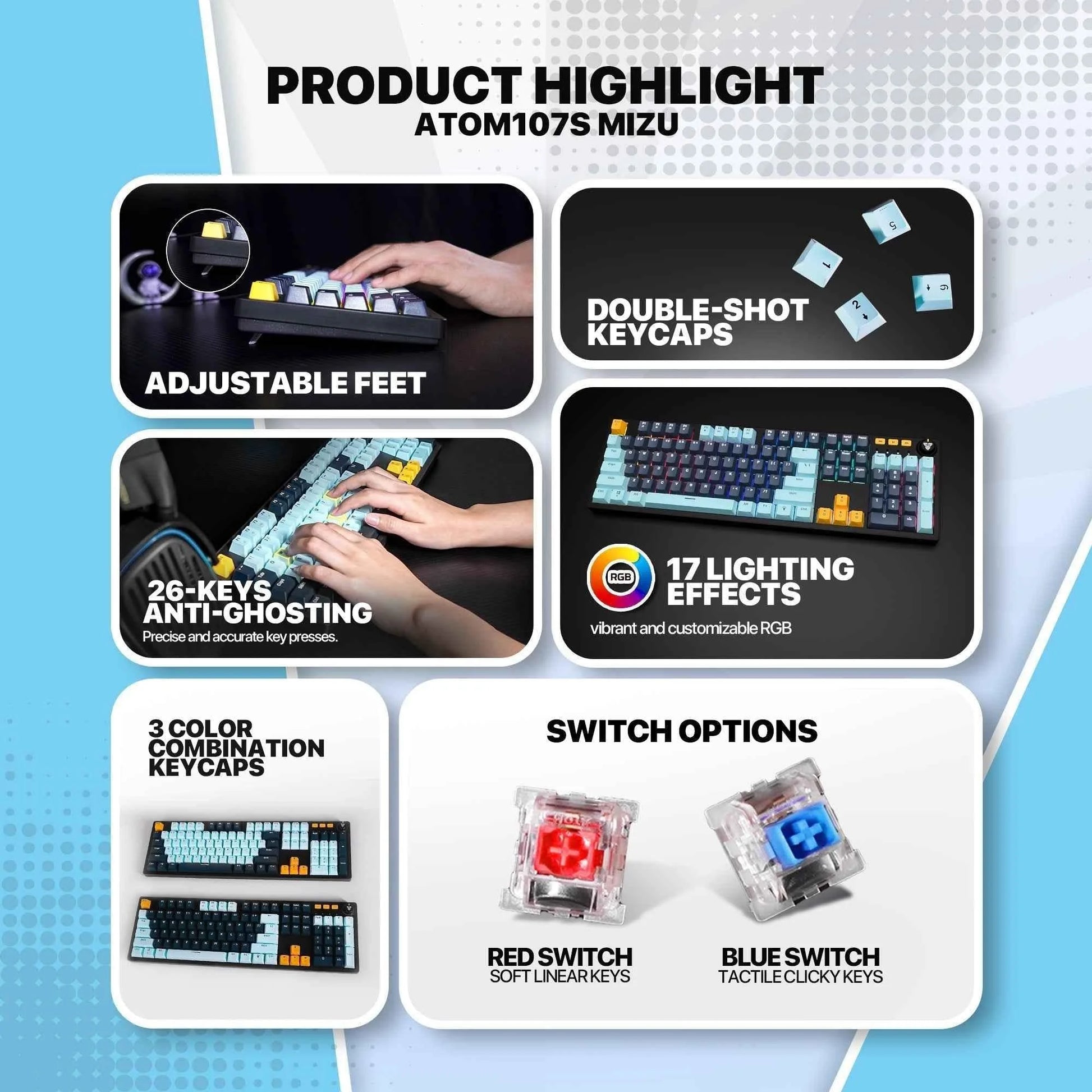Fantech atom107s mechanical gaming keyboard mizu edition navy blue - precision and style for ultimate gaming experience
