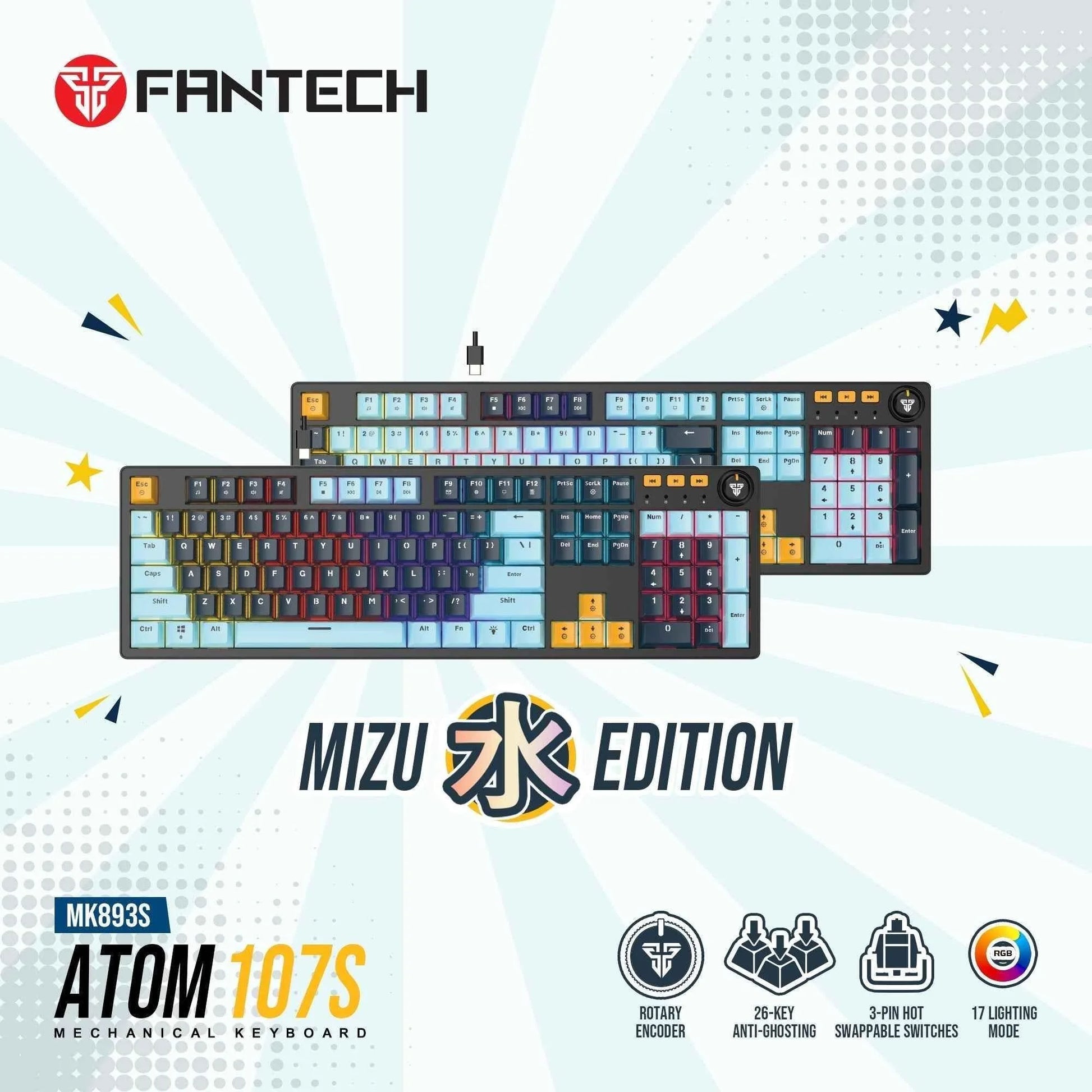Fantech atom107s mechanical gaming keyboard mizu edition navy blue - precision and style for ultimate gaming experience