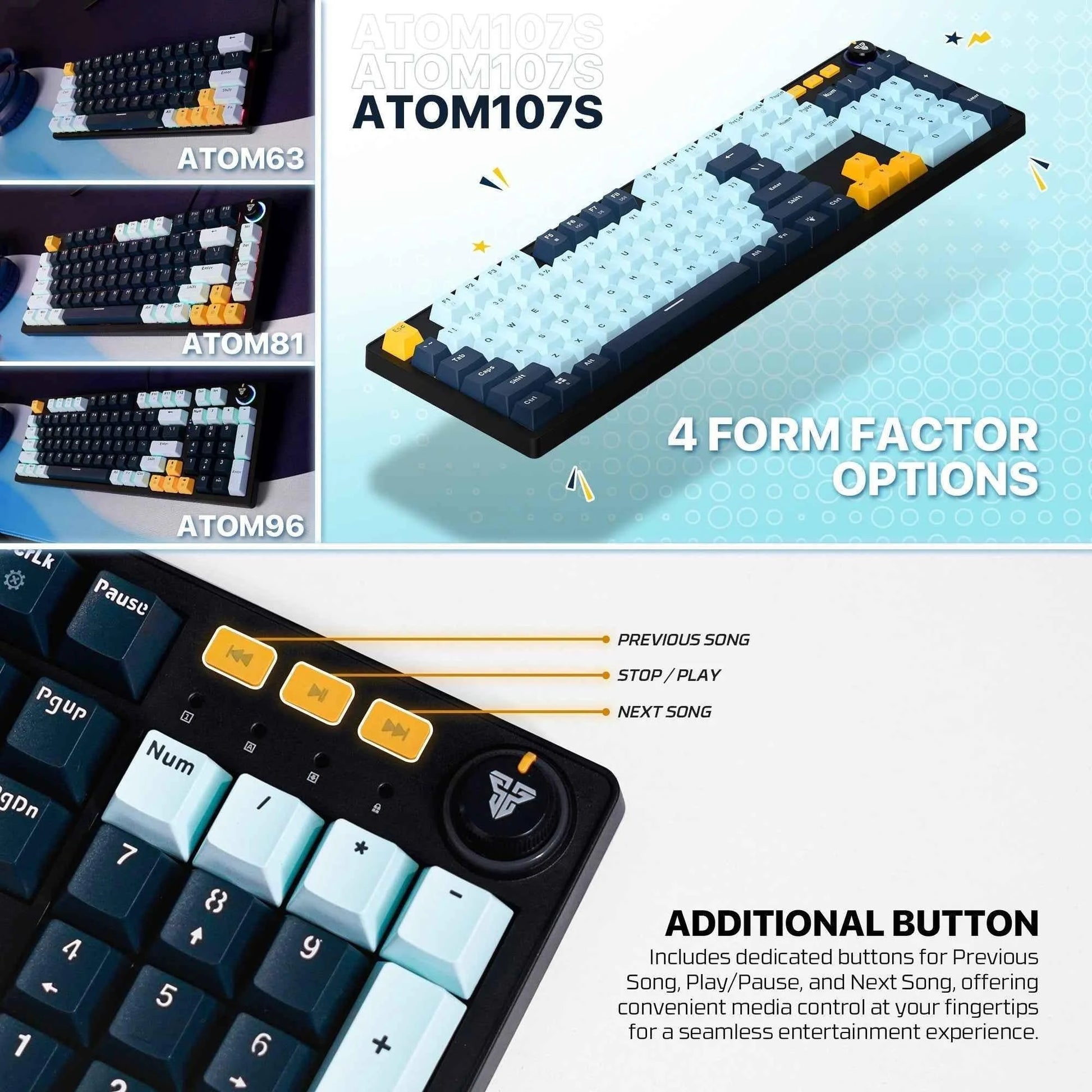 Fantech atom107s mechanical gaming keyboard mizu edition navy blue - precision and style for ultimate gaming experience