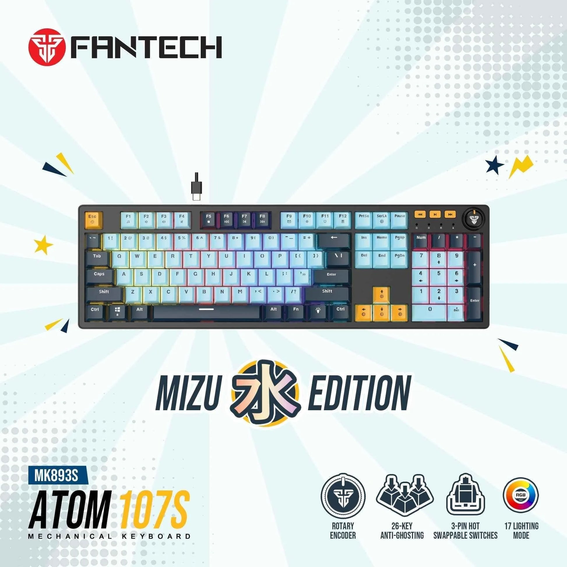 Fantech atom107s mk893s mechanical keyboard mizu edition sky blue for ultimate performance and style - keyboard