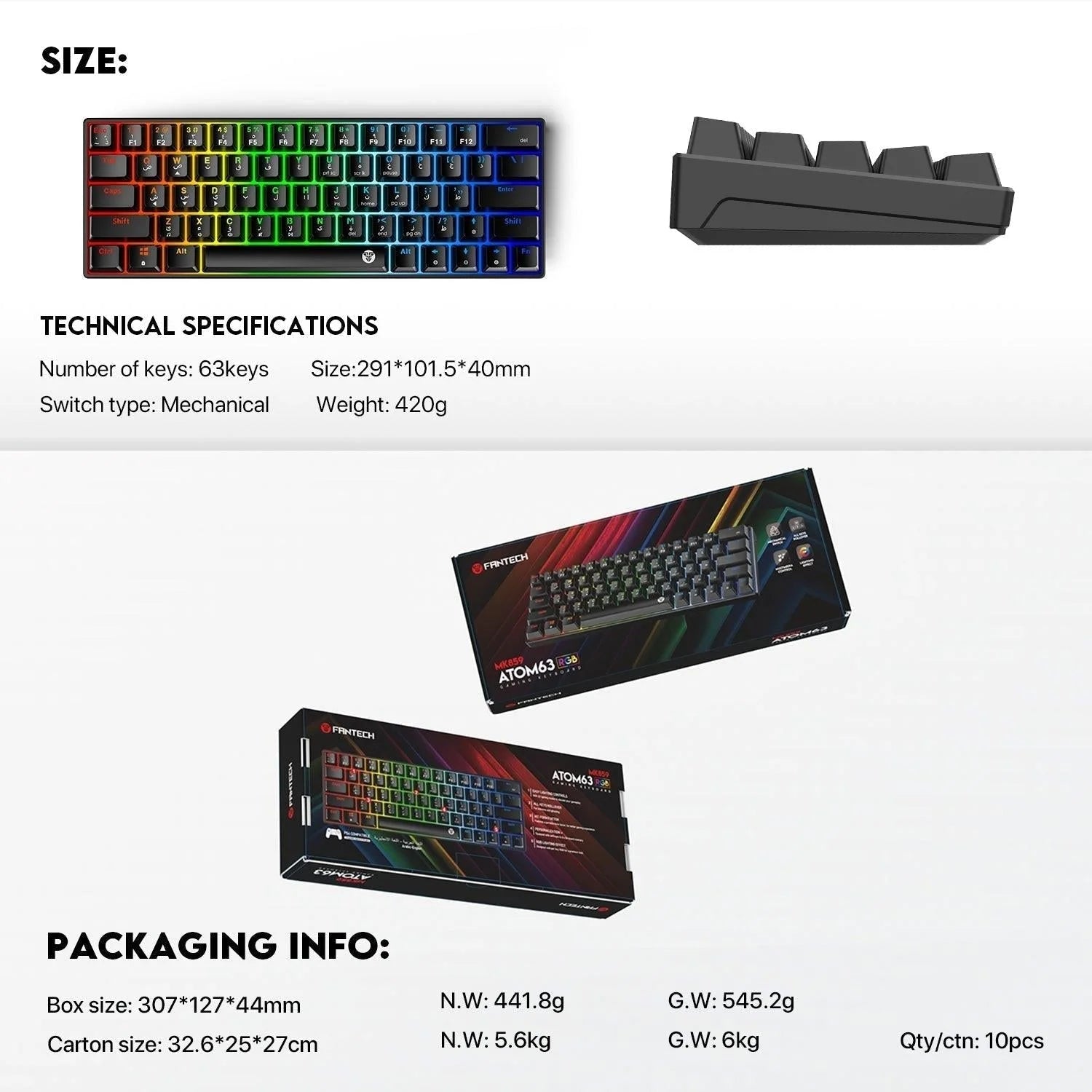 Fantech atom63 mk859 keyboard - arabic/english mechanical gaming keyboard - keyboard