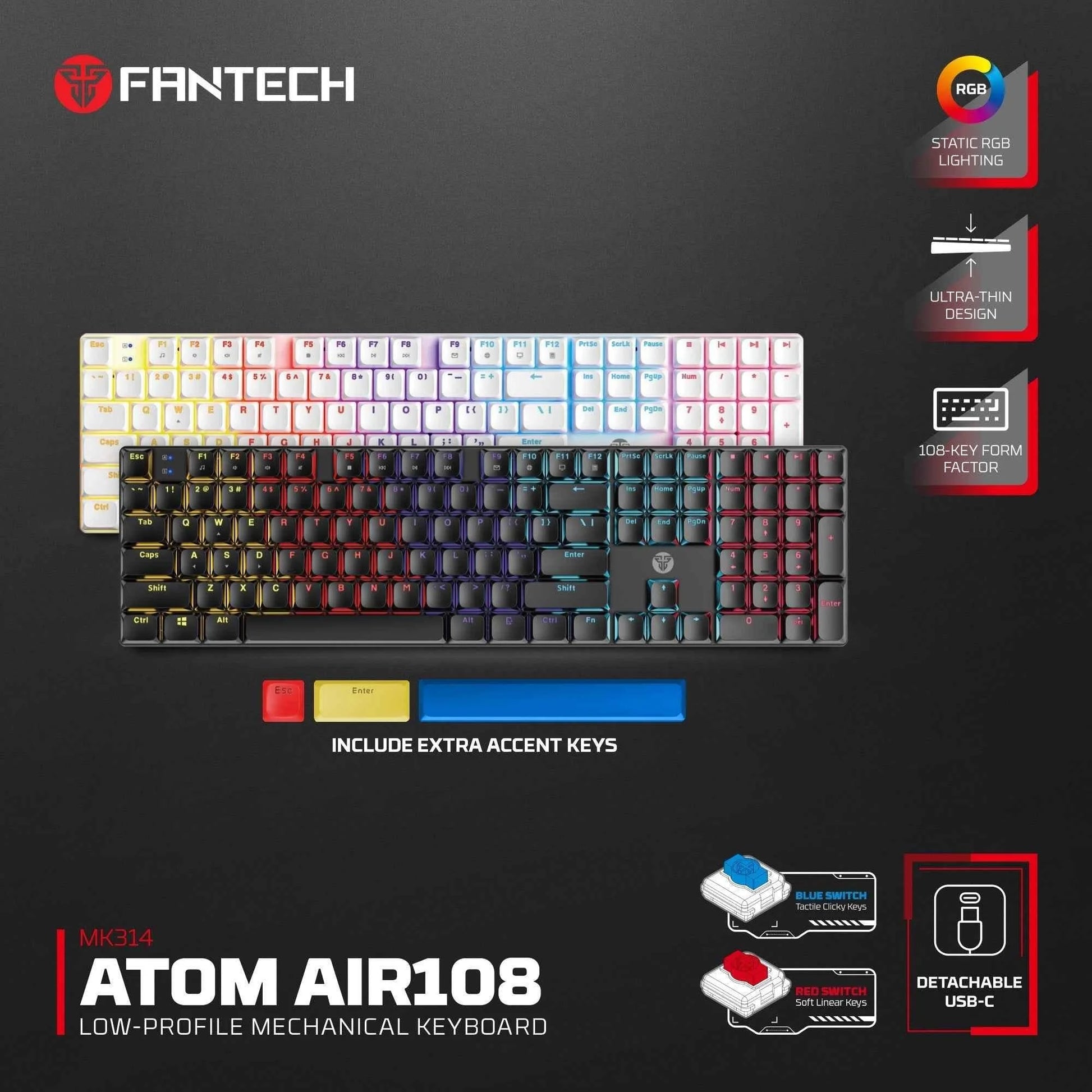 Fantech atomair108 mk314 mechanical keyboard low-profile white - keyboard