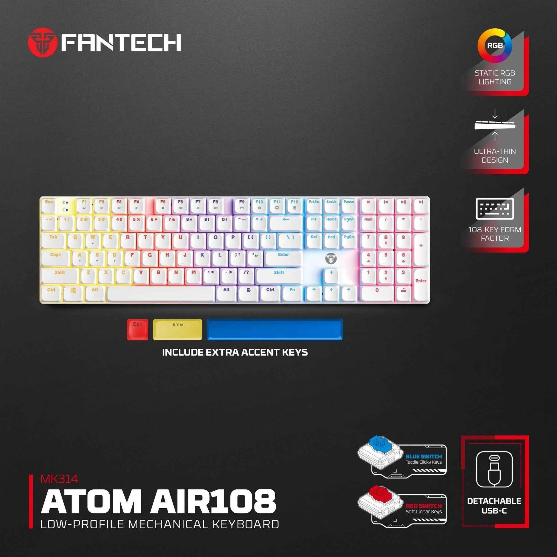 Fantech atomair108 mk314 mechanical keyboard low-profile white - keyboard