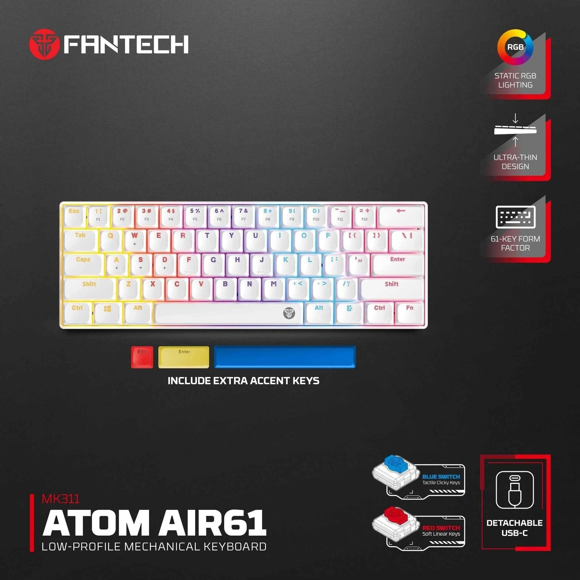 Fantech atomair61 mk311 keyboard - low-profile white mechanical keyboard - keyboard