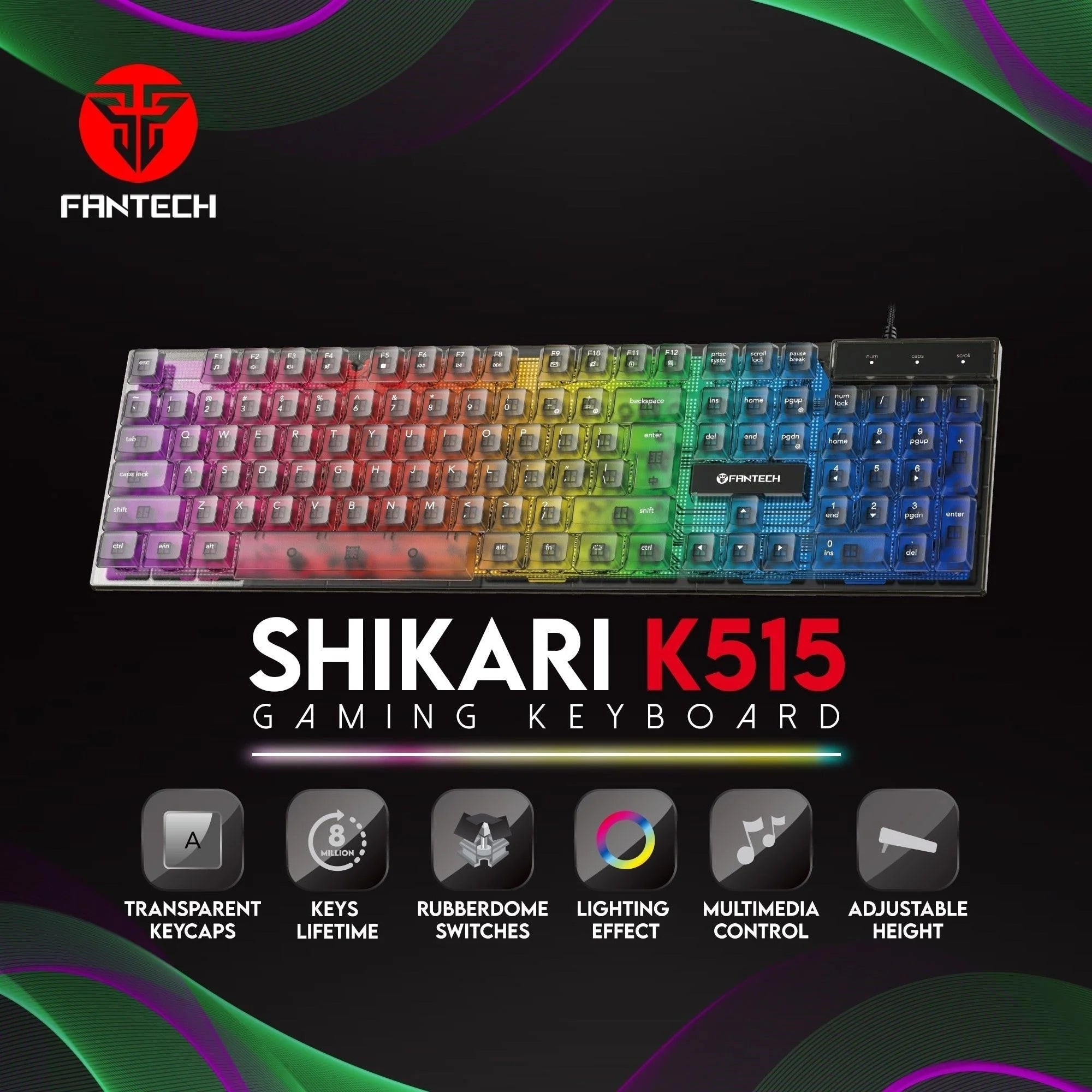 Fantech k515 rgb gaming keyboard - membrane gaming keyboard with customizable lighting - keyboard