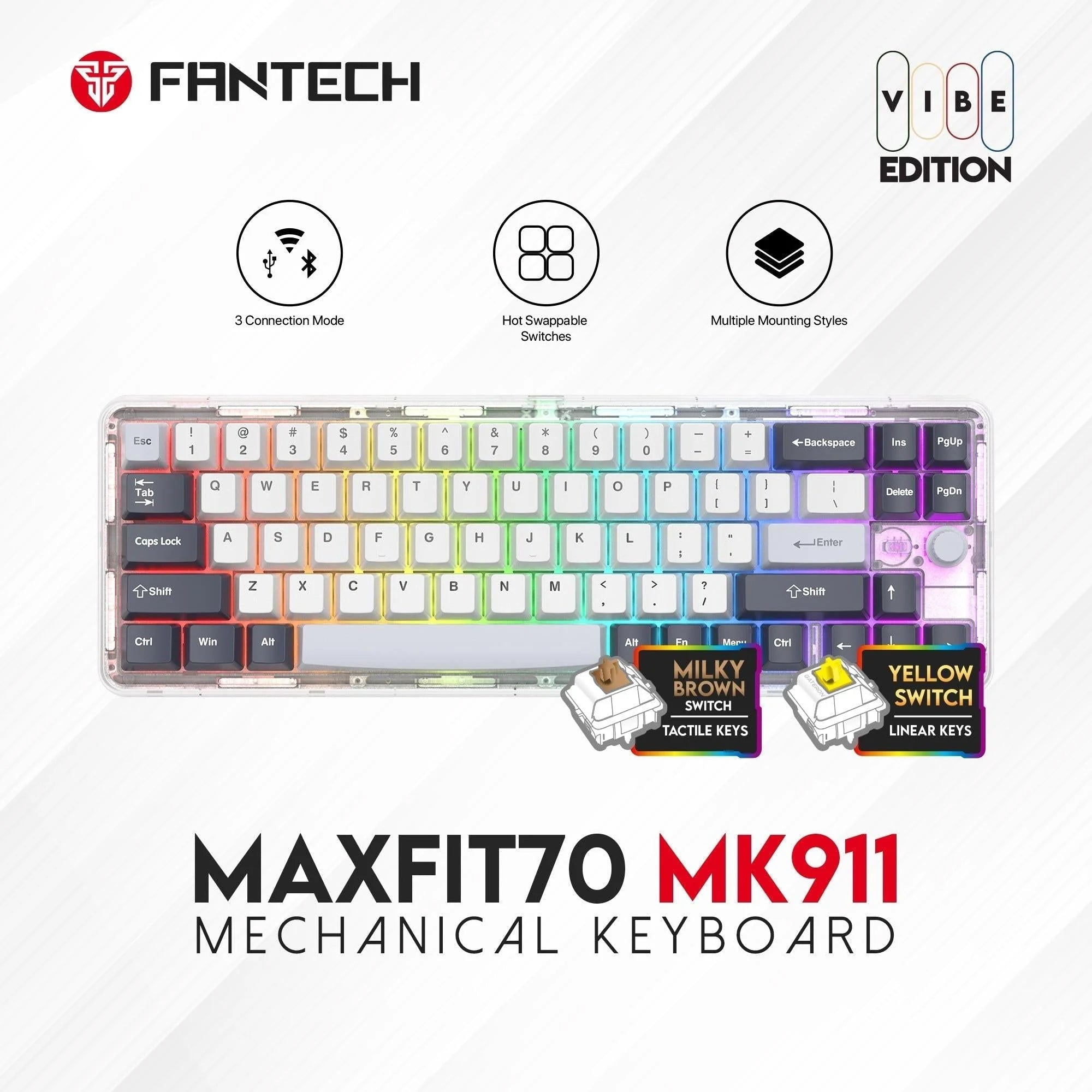 Fantech maxfit70 mk911 gaming keyboard - vibe edition epic greyscale mechanical gaming keyboard - keyboard