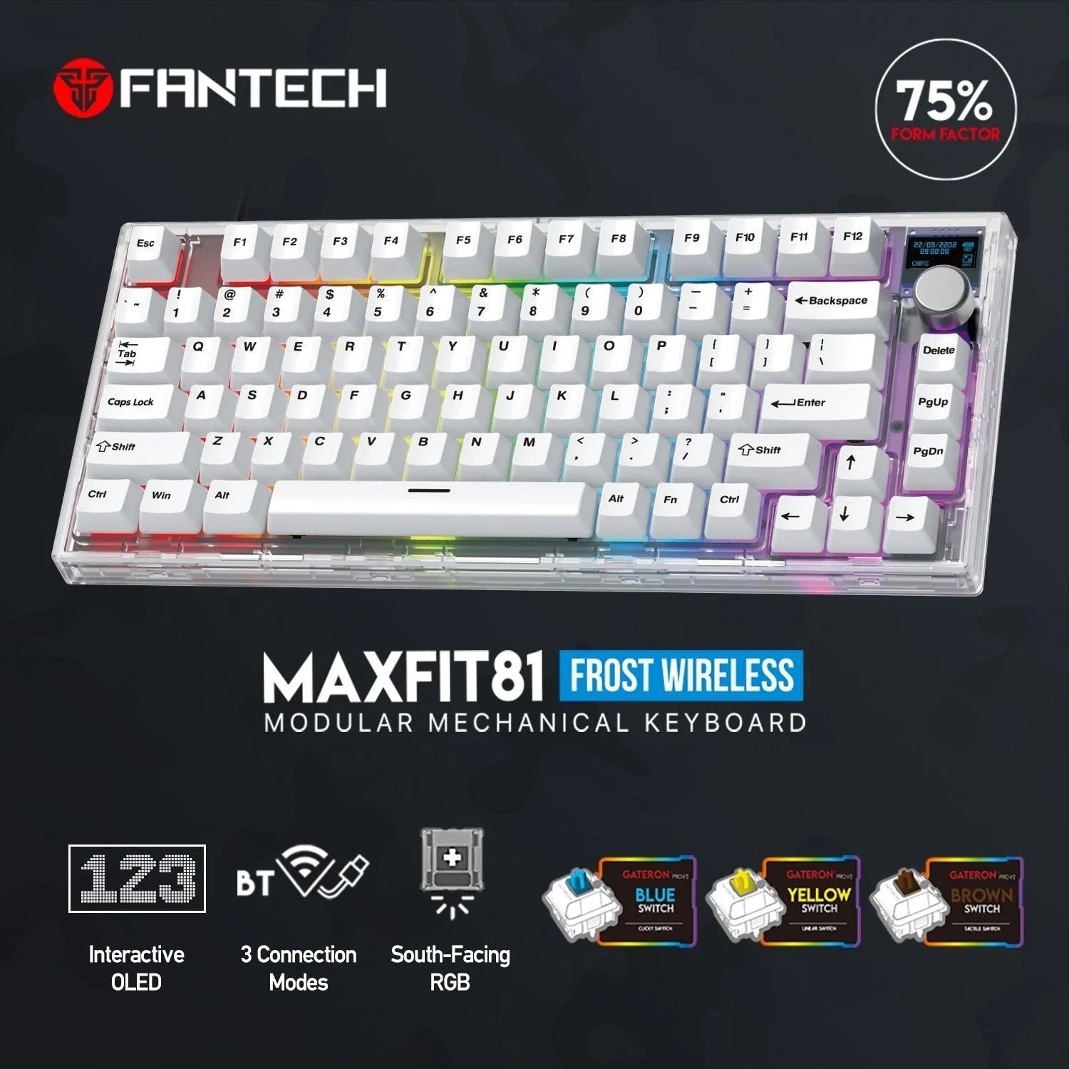 Fantech maxfit81 mk910 wireless gaming keyboard - modular mechanical design with pbt frost keys - keyboard