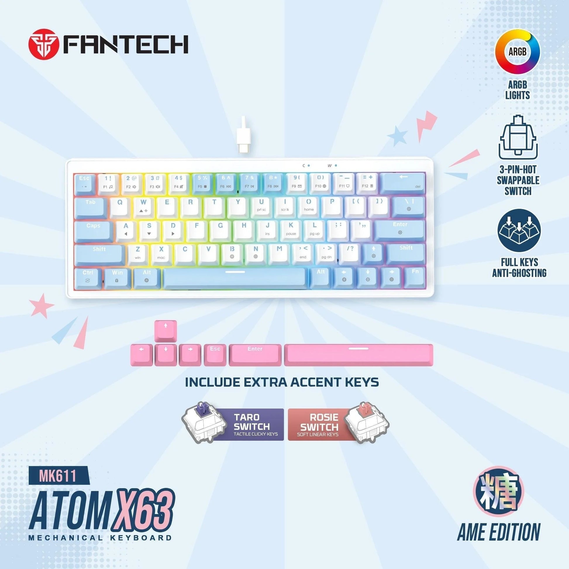 Fantech mk611 atom x63 ame edition - white - keyboard