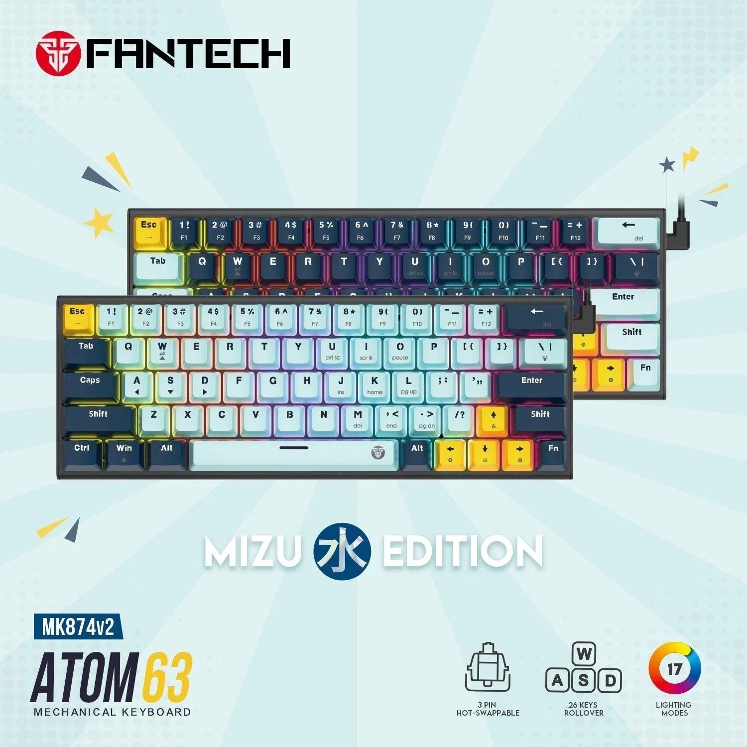 Fantech mk874 v2 keyboard - hot swappable mechanical gaming keyboard in navy blue for customization