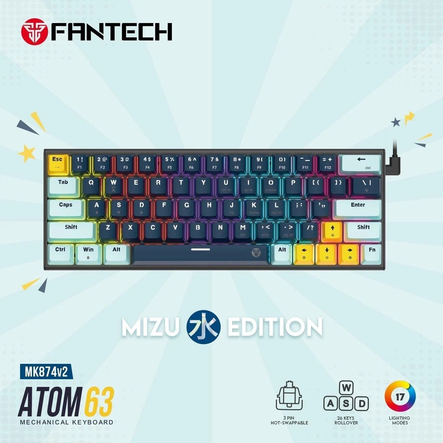 Fantech mk874 v2 mechanical keyboard - hot swappable sky blue