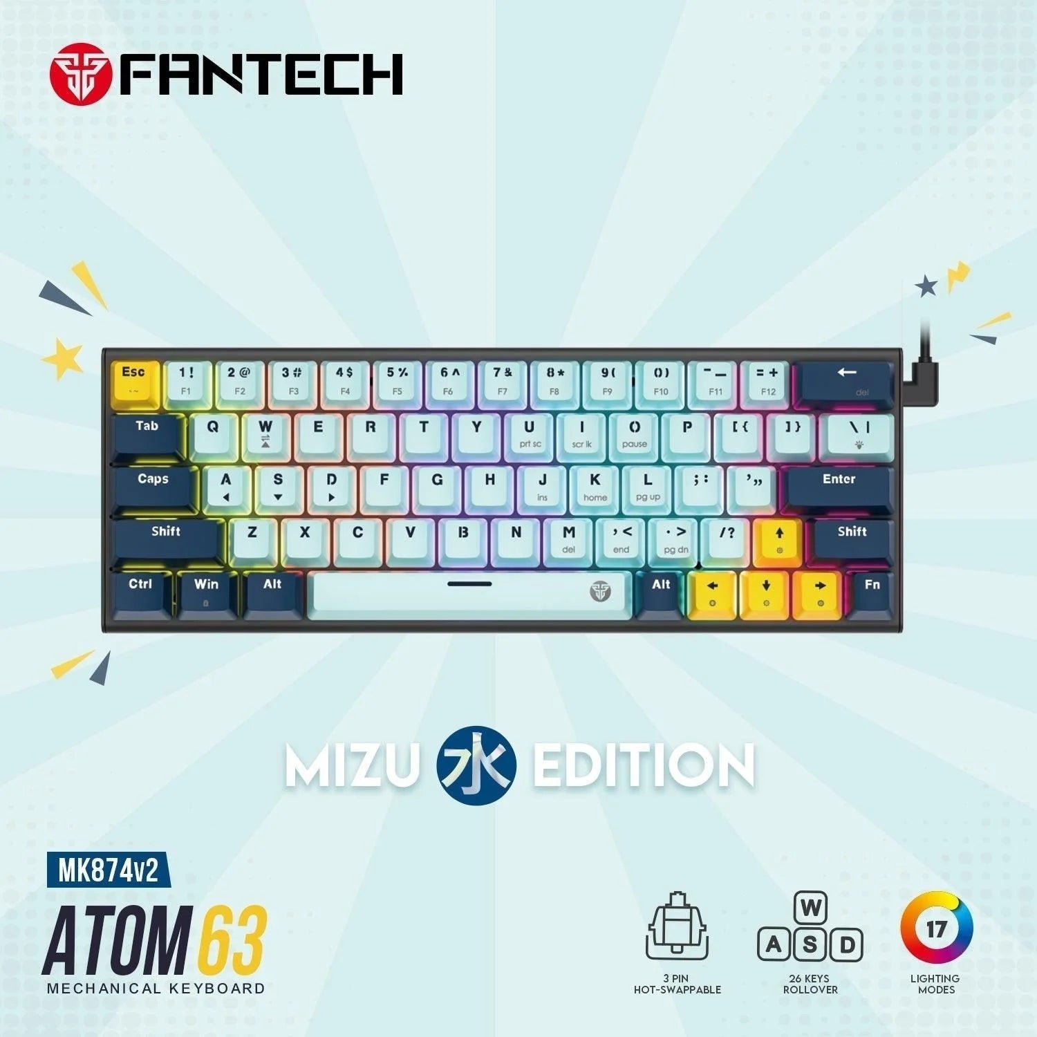 Fantech mk874 v2 mechanical keyboard - hot swappable sky blue