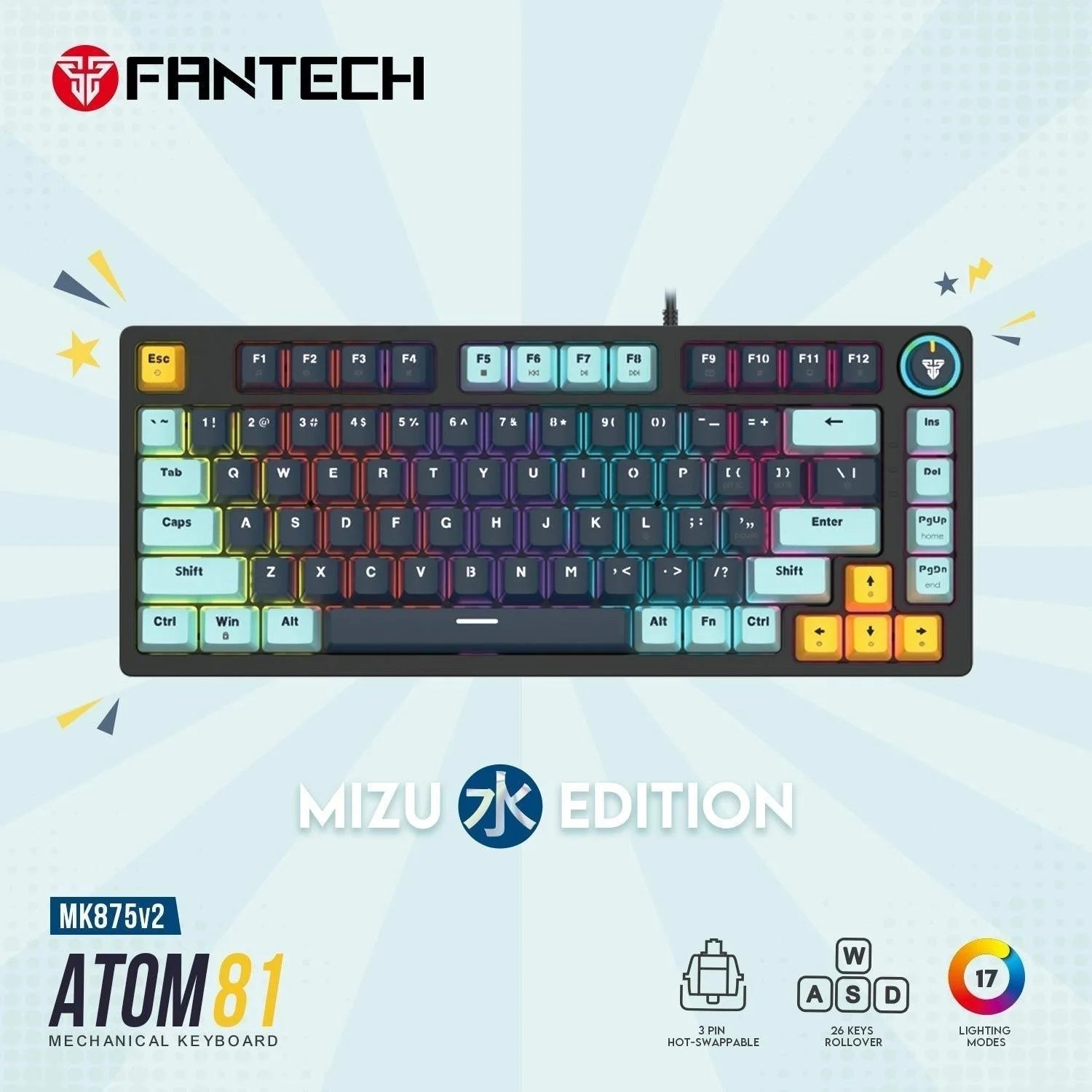 Fantech mk875v2 keyboard - atom 81 rgb mechanical gaming keyboard mizu edition navy blue