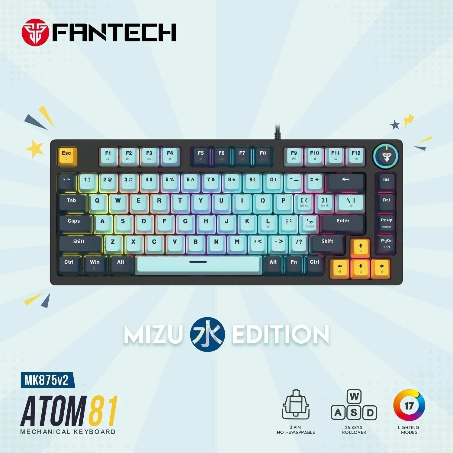 Fantech mk875v2 gaming keyboard - atom 81 rgb mechanical mizu edition sky blue