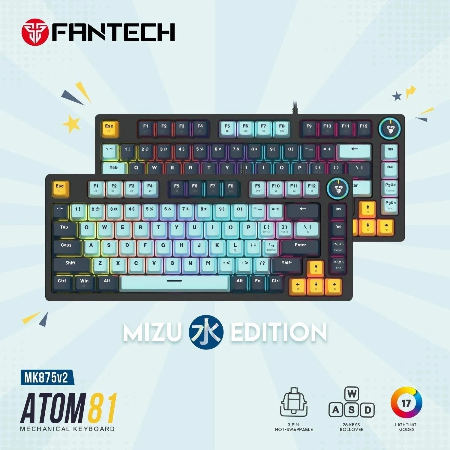 Fantech mk875v2 gaming keyboard - atom 81 rgb mechanical mizu edition sky blue