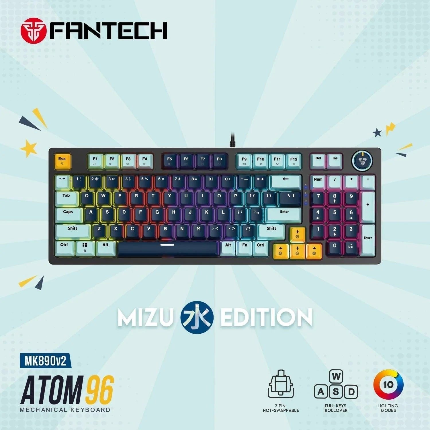 Fantech mk890v2 atom gaming keyboard mizu edition navy blue - rgb mechanical gaming keyboard
