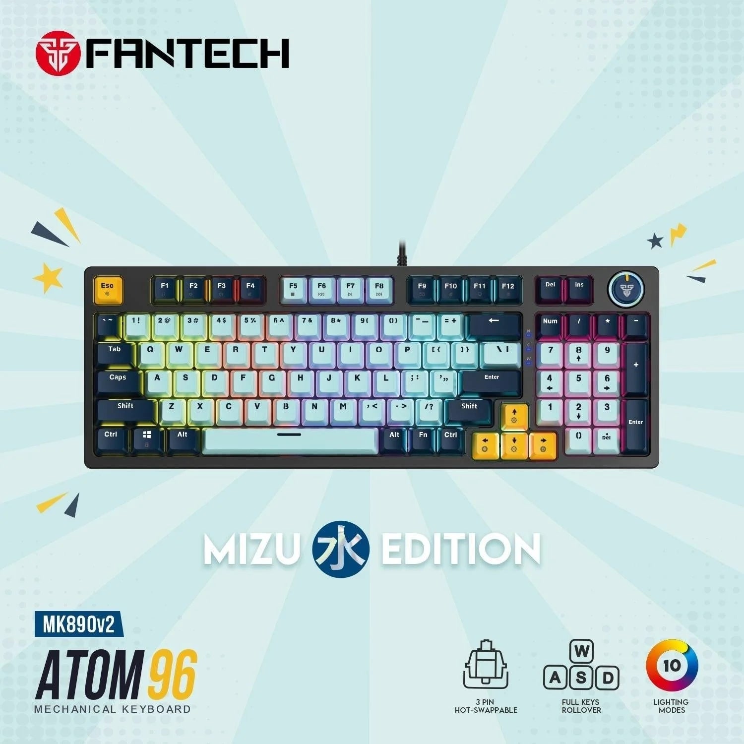 Fantech mk890v2 gaming keyboard - 96 rgb mechanical keyboard mizu edition sky blue