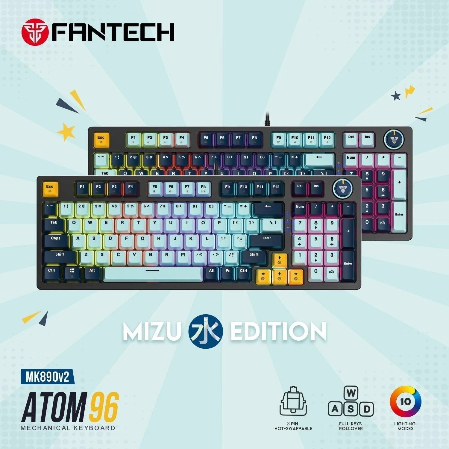 Fantech mk890v2 gaming keyboard - 96 rgb mechanical keyboard mizu edition sky blue