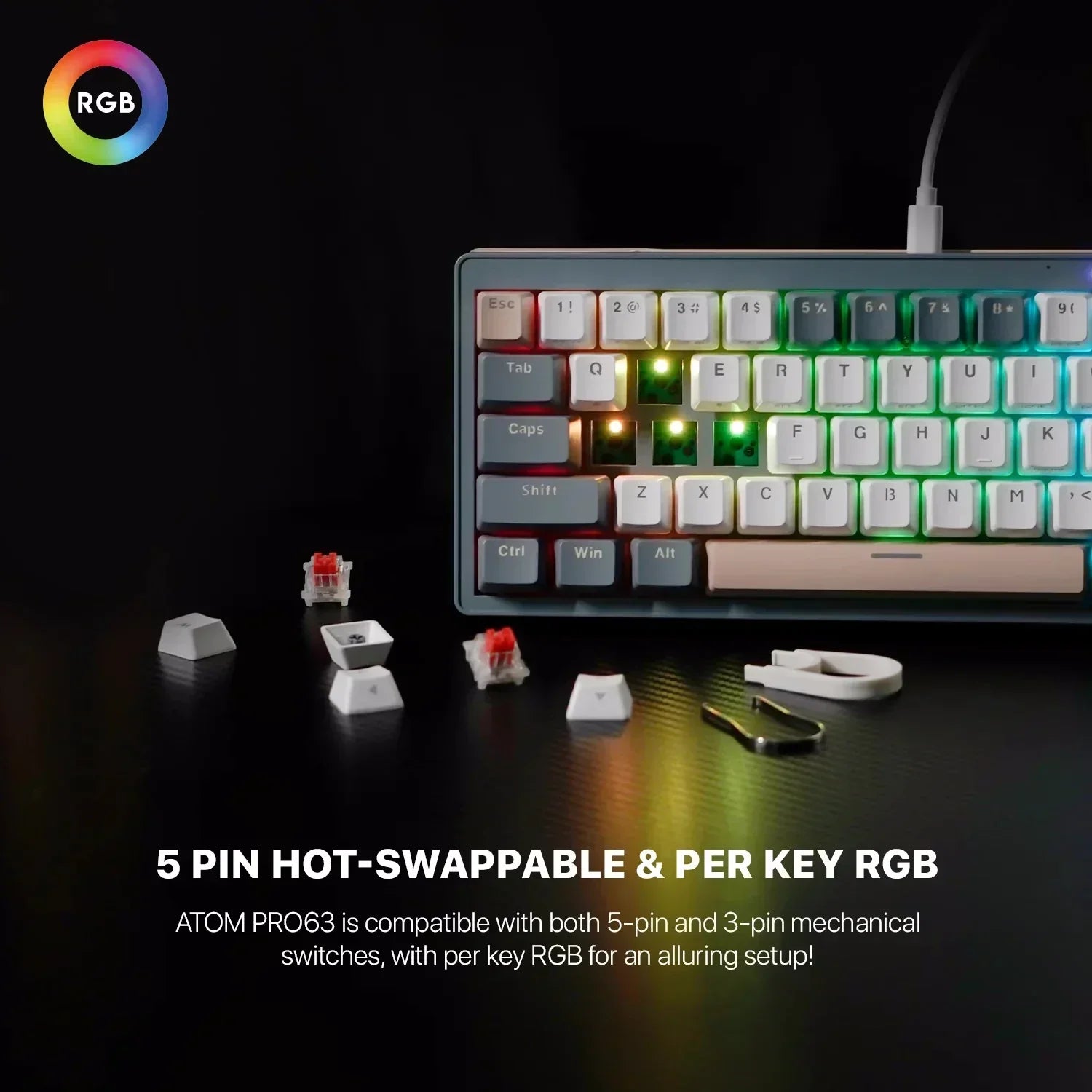 Fantech mk912 atom pro63 rgb bluetooth wireless gaming keyboard mercury - keyboards