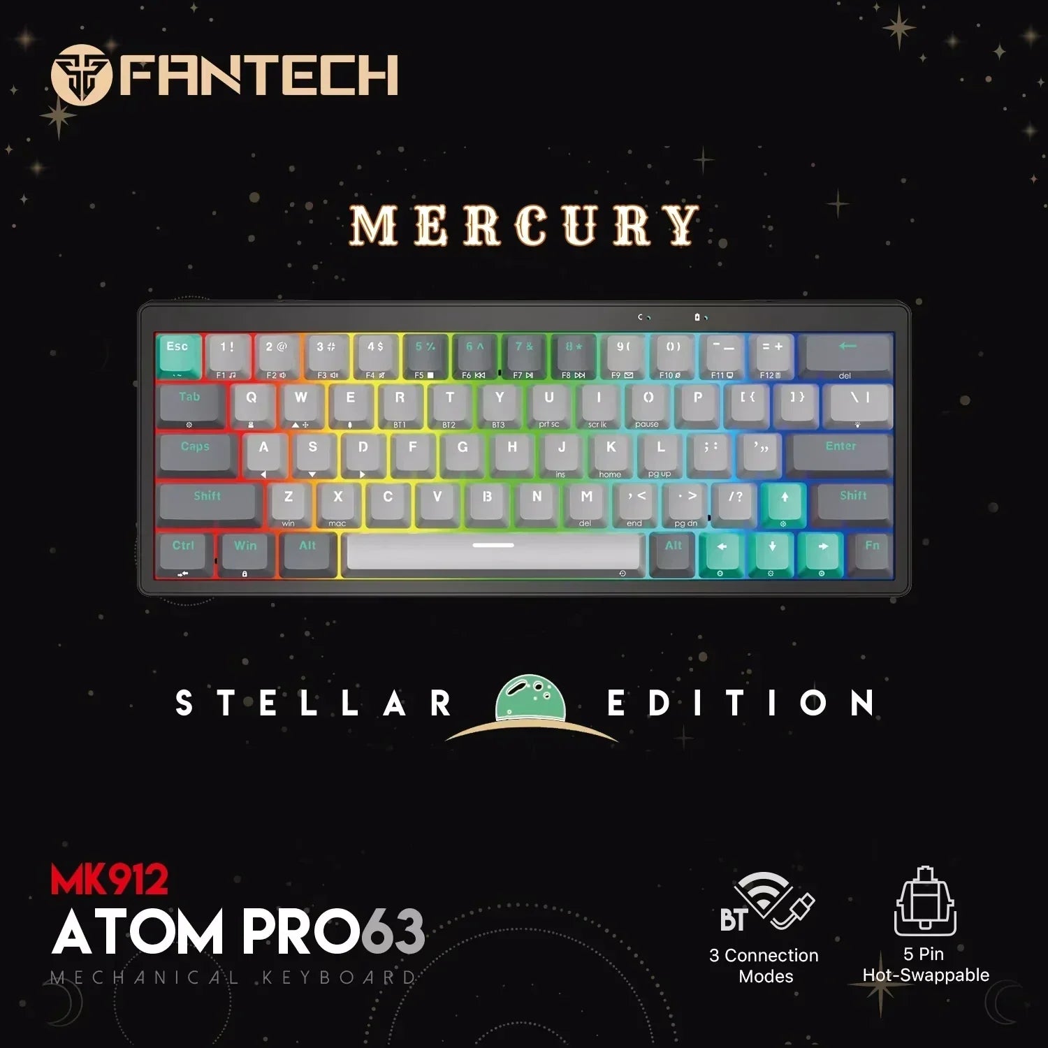 Fantech mk912 atom pro63 rgb bluetooth wireless gaming keyboard mercury - keyboards