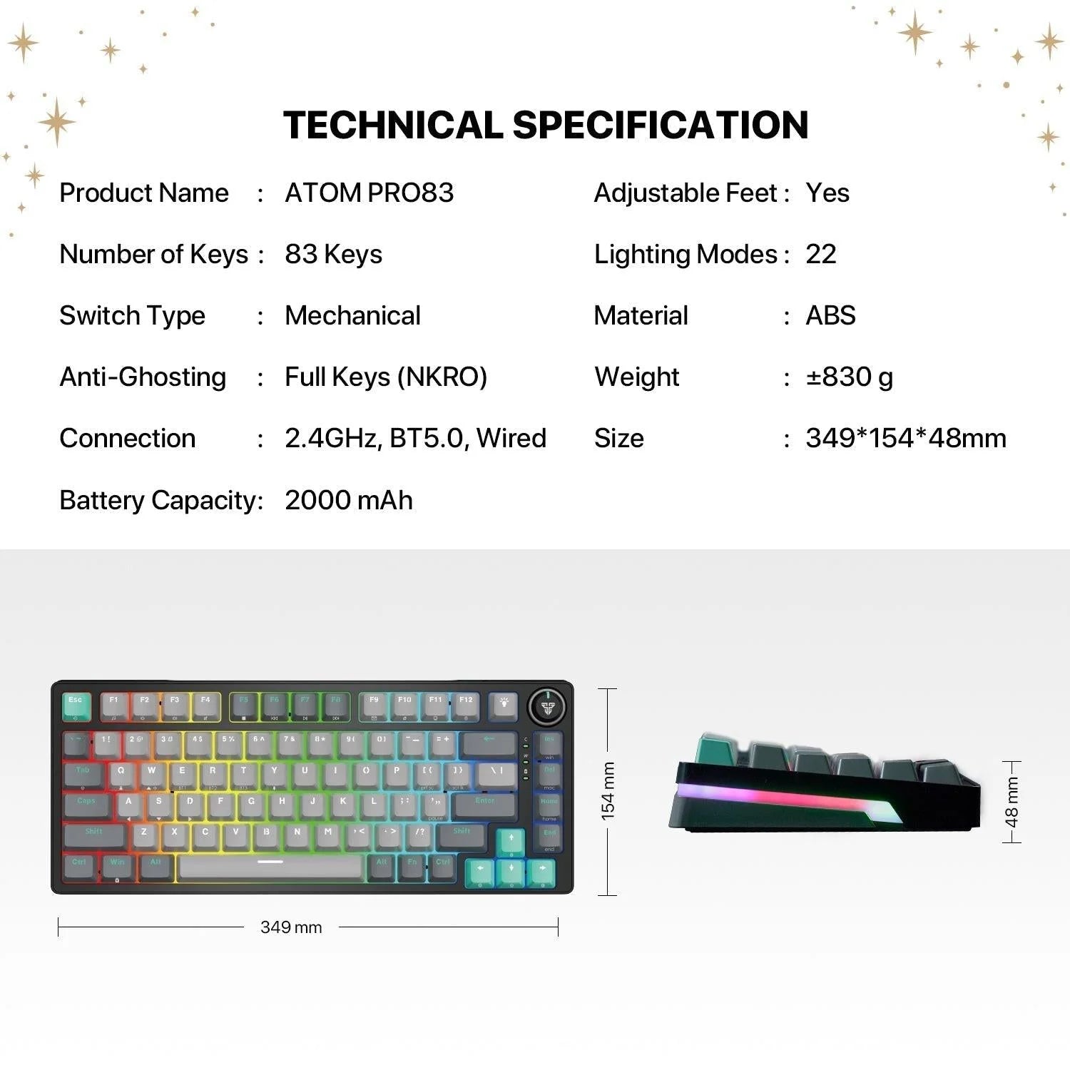Fantech mk913 atom pro83 keyboard - rgb bluetooth wireless gaming keyboard saturn