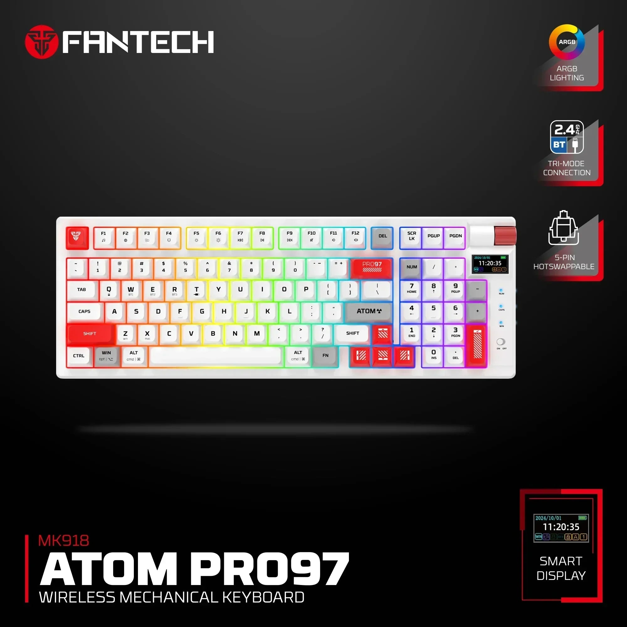 Fantech mk918 atom pro97 wireless mechanical gaming keyboard white - blue switch - keyboards
