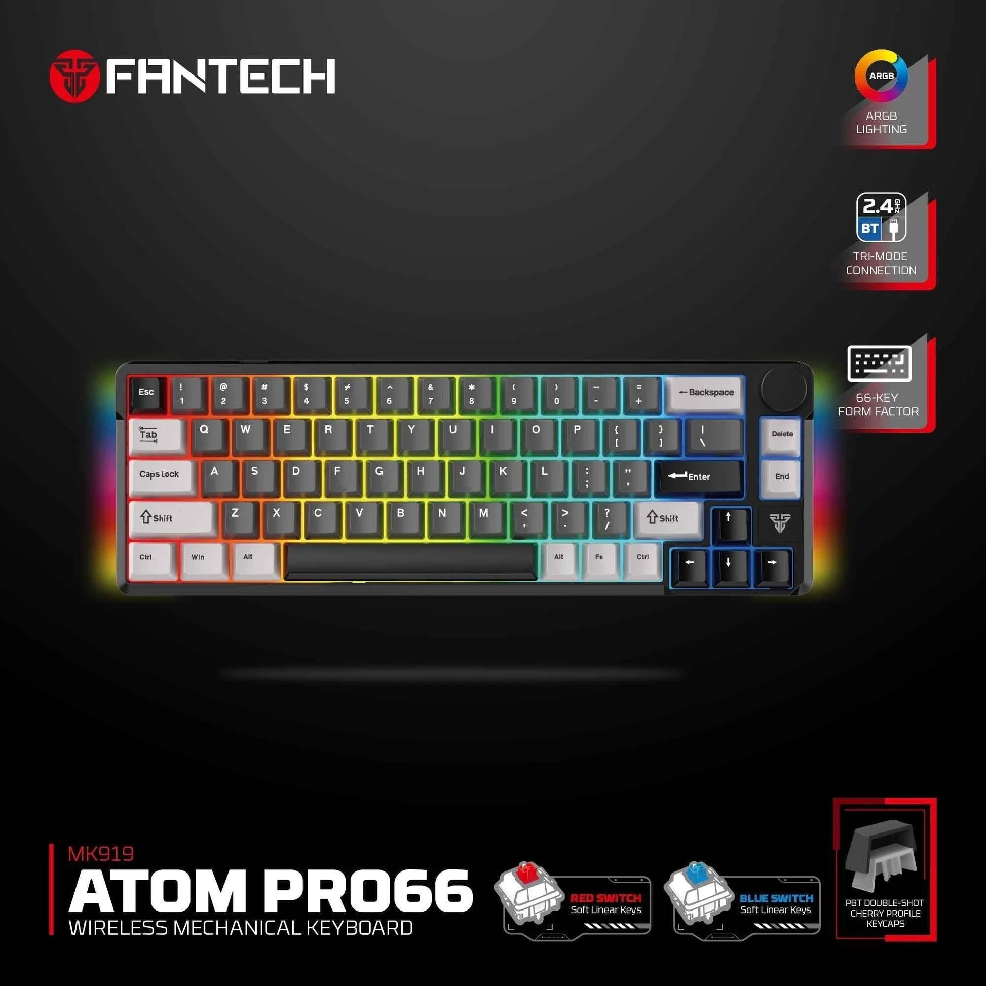 Fantech mk919 atom pro66 keyboard - high-performance black mechanical keyboard for gaming - keyboard